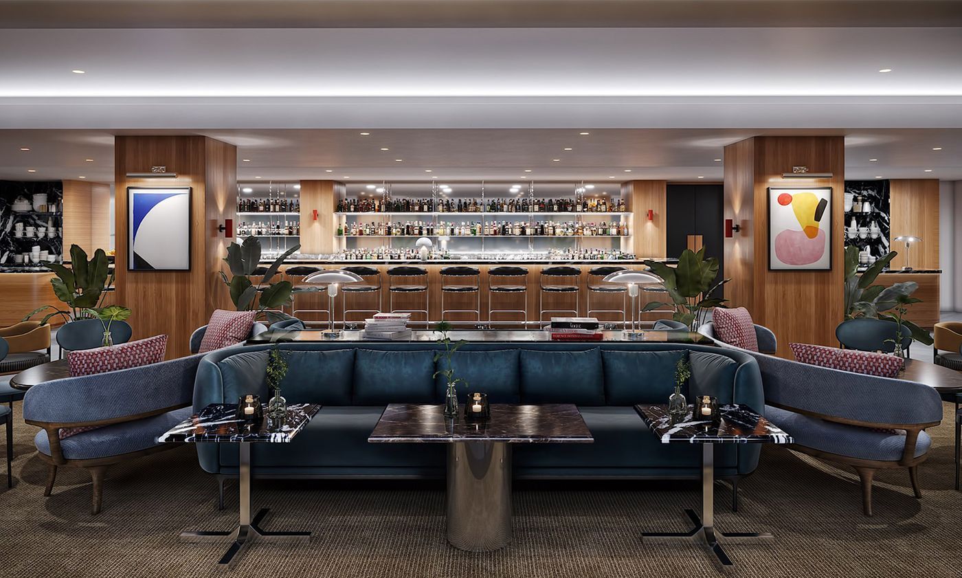 Restaurant interior rendering with tables, a sofa, and a view of the bar
