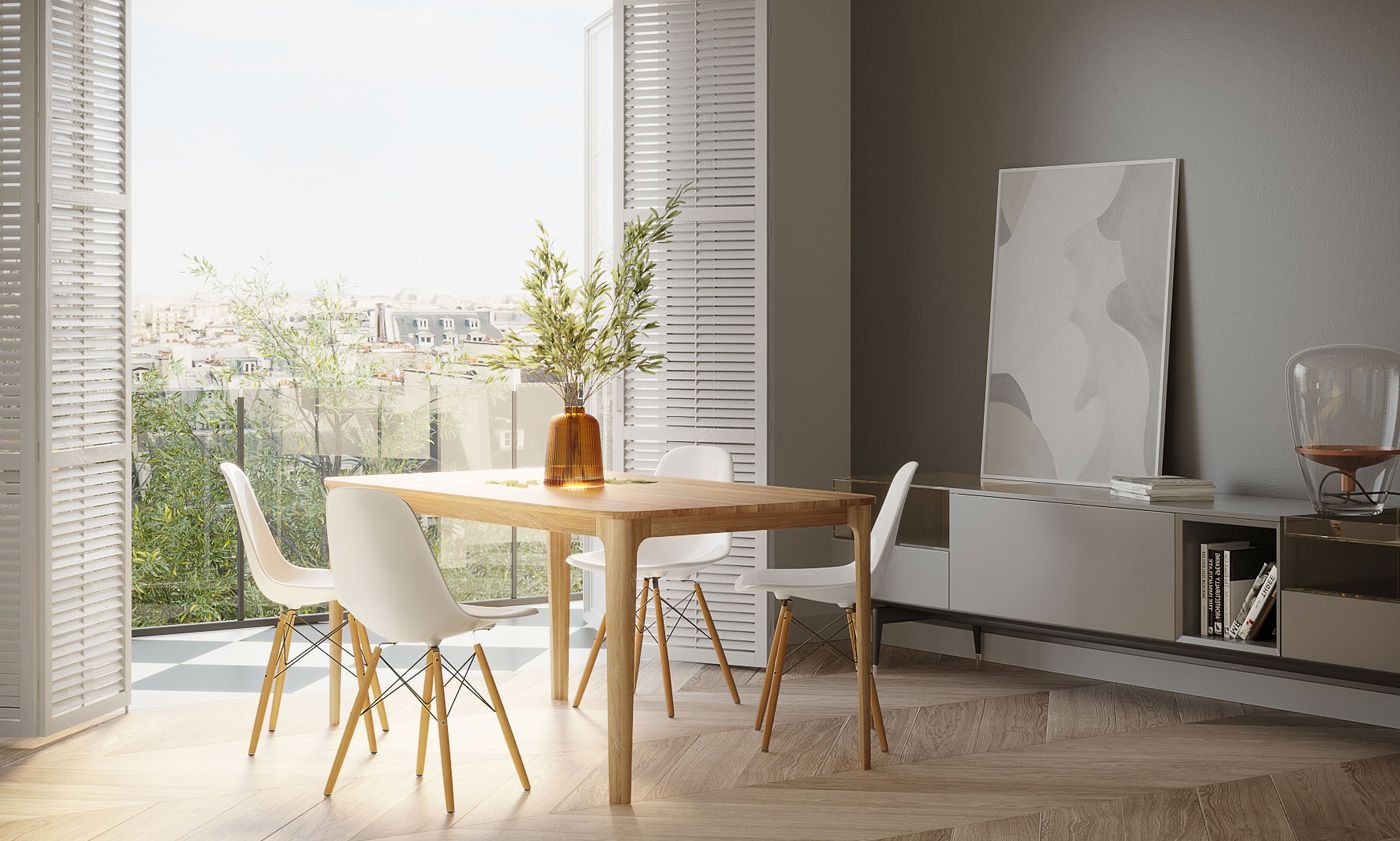 3D-rendered product visualization of a dining table placed near an open balcony with a city view.