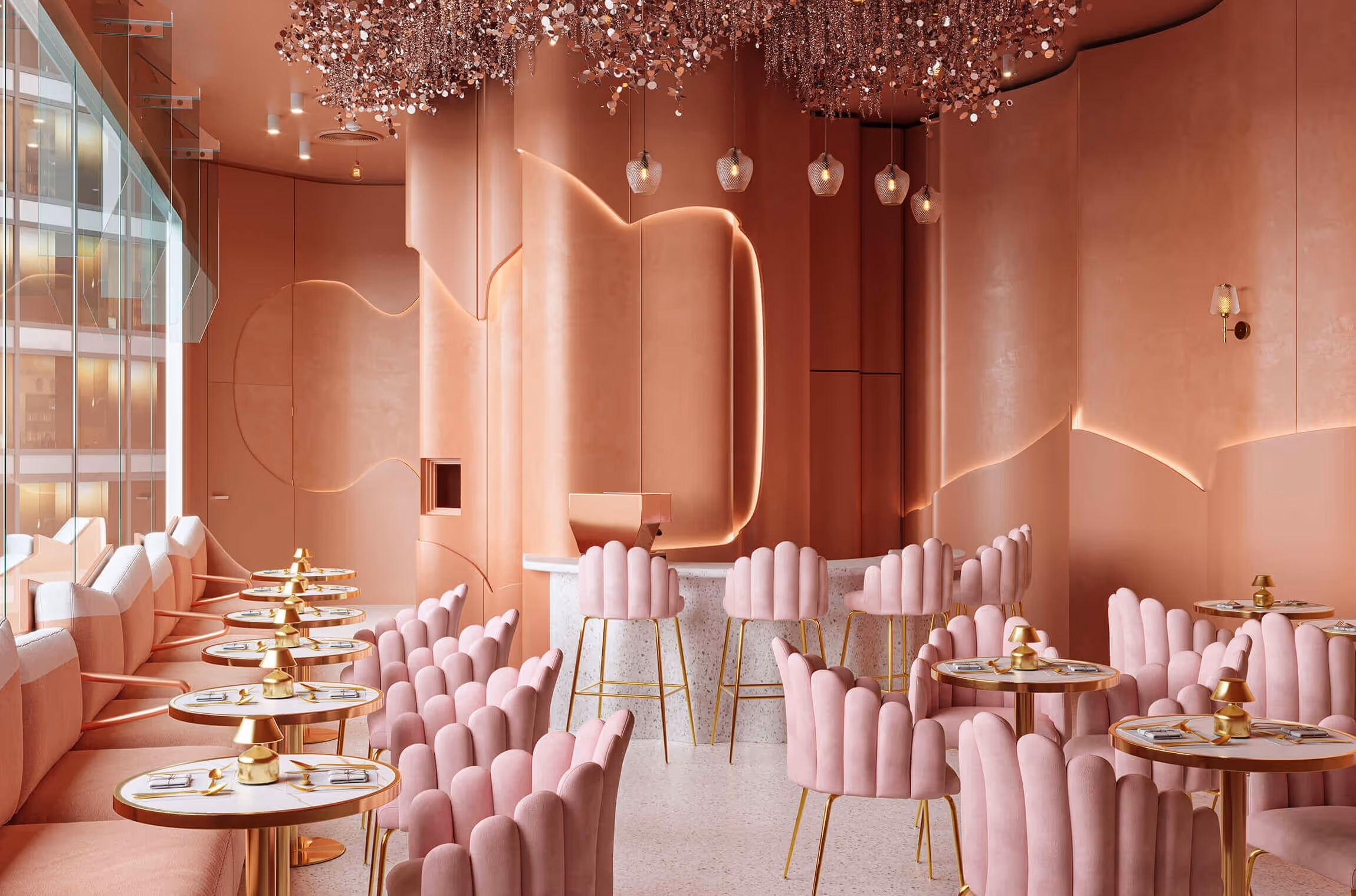 Commercial Interior Render for a Pink Restaurant