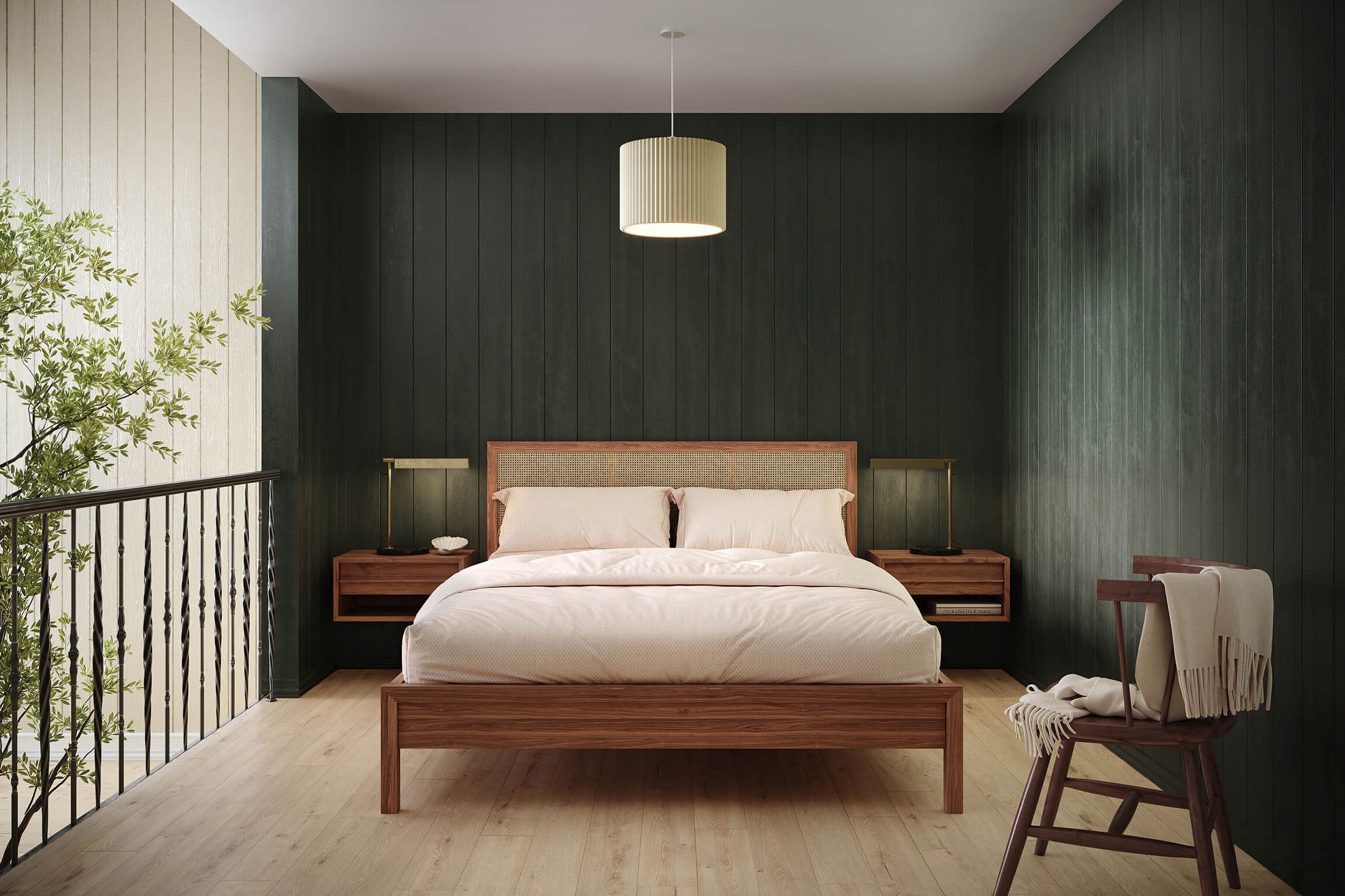 3D rendering of a trendy bedroom featuring wooden house fittings, showcasing 3D house fittings modeling and photorealistic visualization.