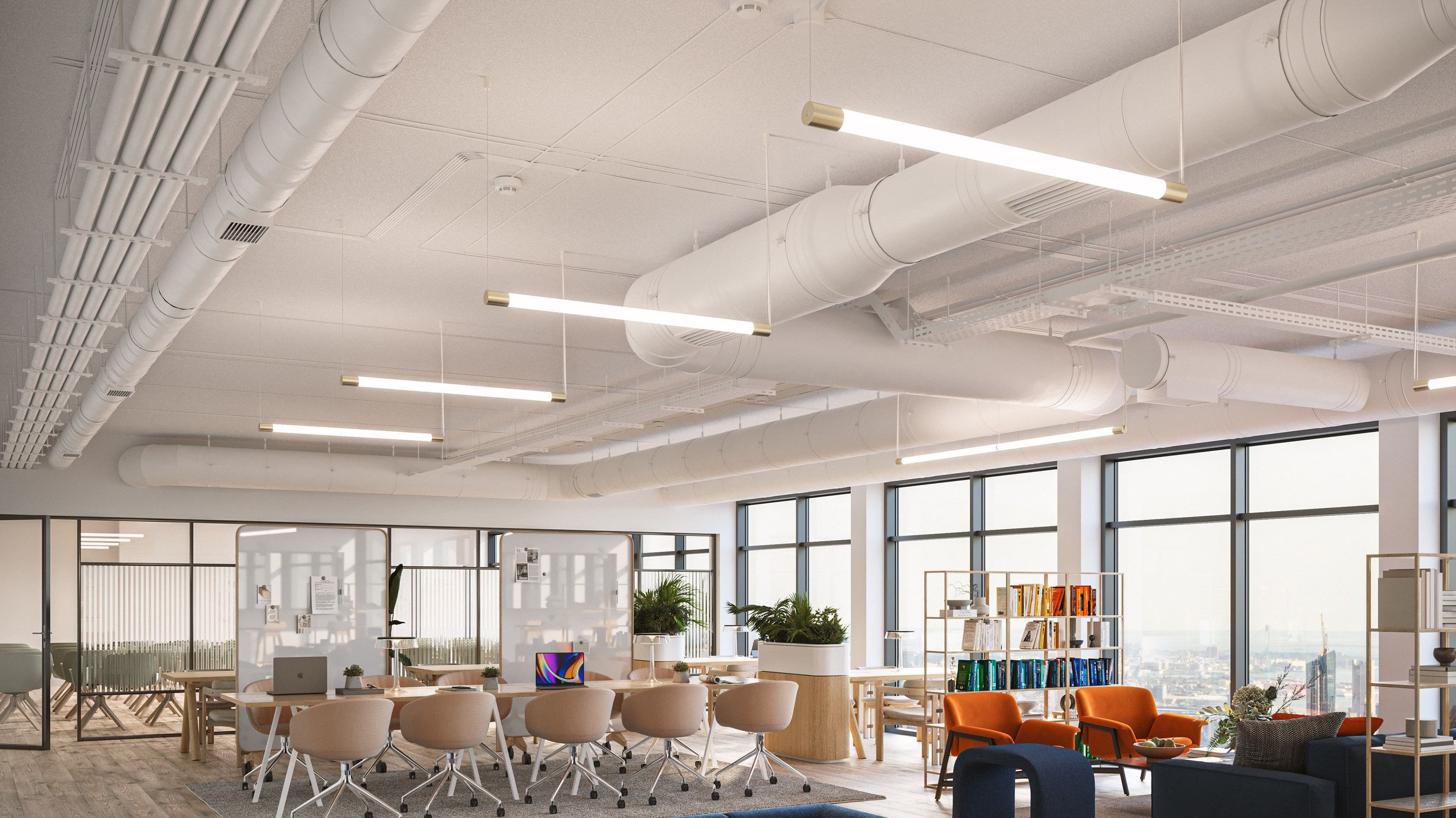 3D visualization for lighting fixtures in a modern open plan office interior lit by daylight