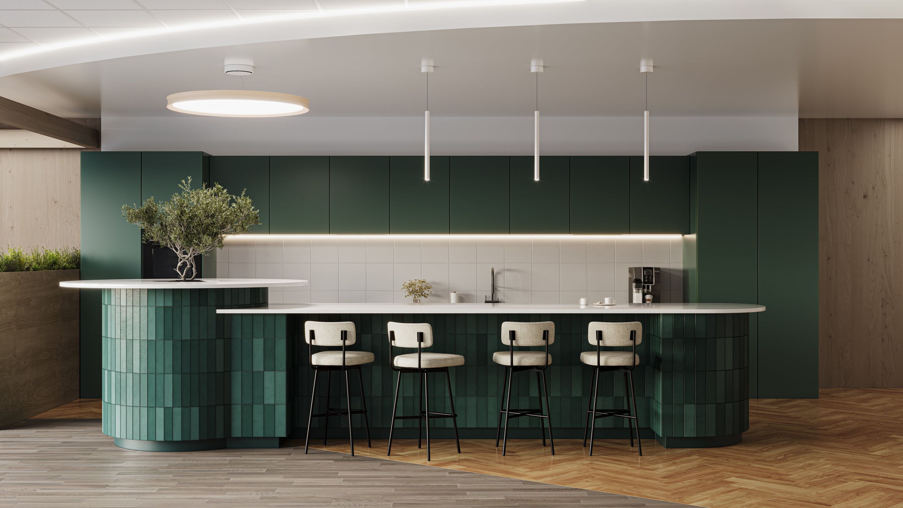 A calm kitchen bar scene with pendant fixtures and a soft LED strip in an architectural lighting render