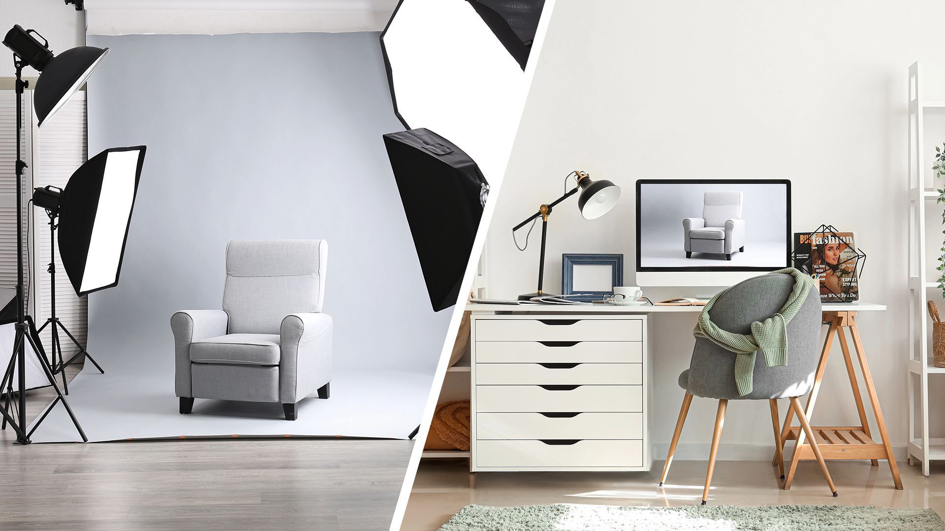 Armchair in a photo studio next to the same armchair on a screen, generated in 3D rendering software