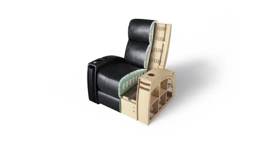Product image of a black recliner chair with cutaway view showing inner frame and cushioning