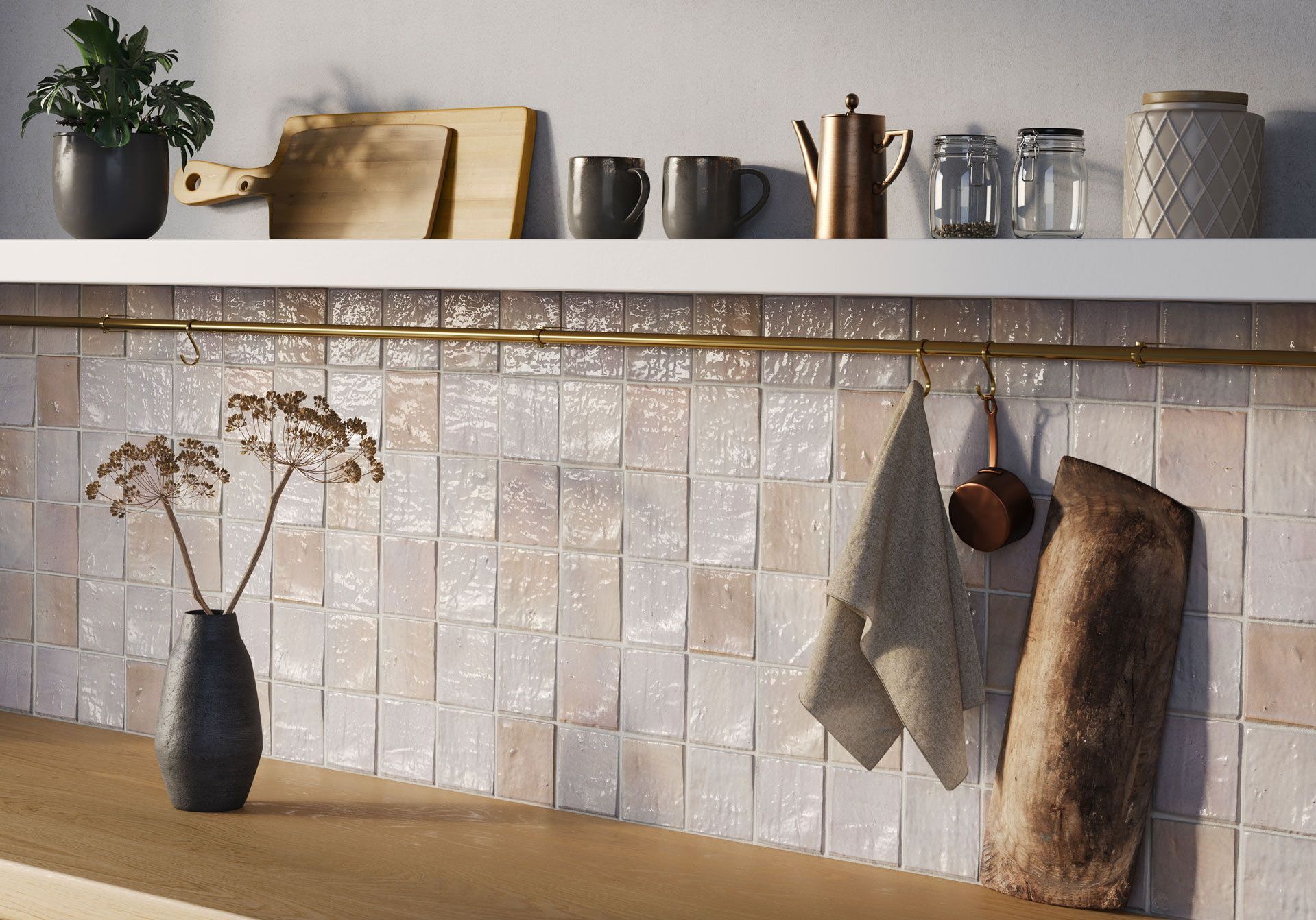 Product rendering of glossy square zellige-style tile used as a kitchen backsplash