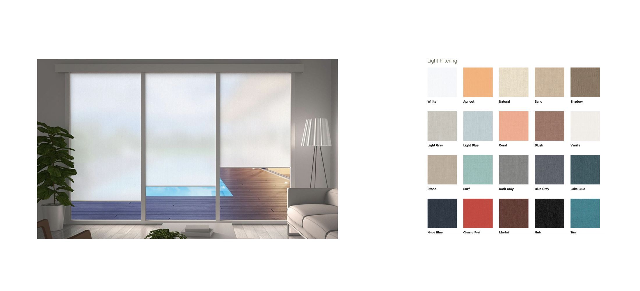 3D interior rendering showcasing modern living room with window blinds and color palette, featuring 3D furniture modeling and visualization.