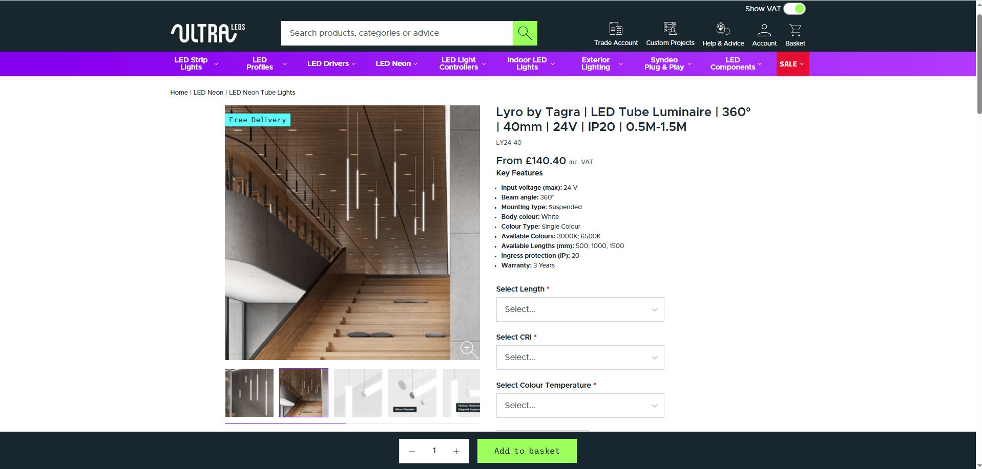 Lighting 3D visualization illustrating suspended luminaires presented inside an ecommerce layout