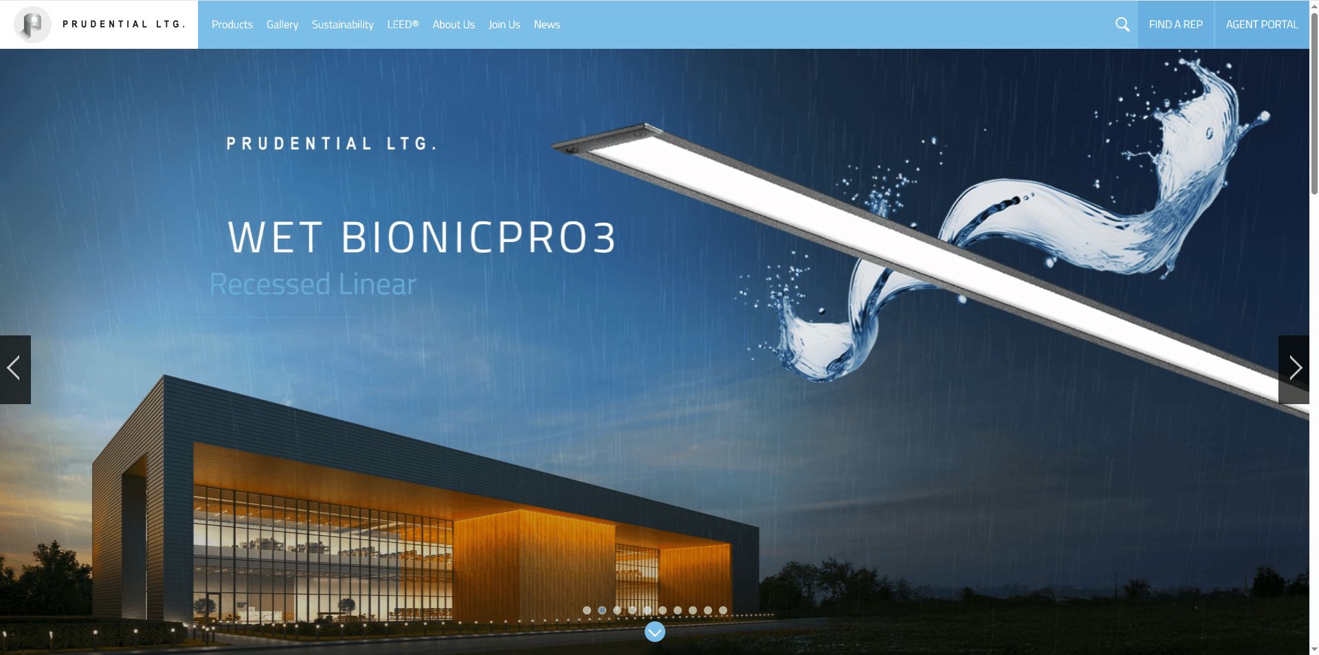 A recessed linear appears in a homepage design where rain and water visuals frame the LED fixture 3D render