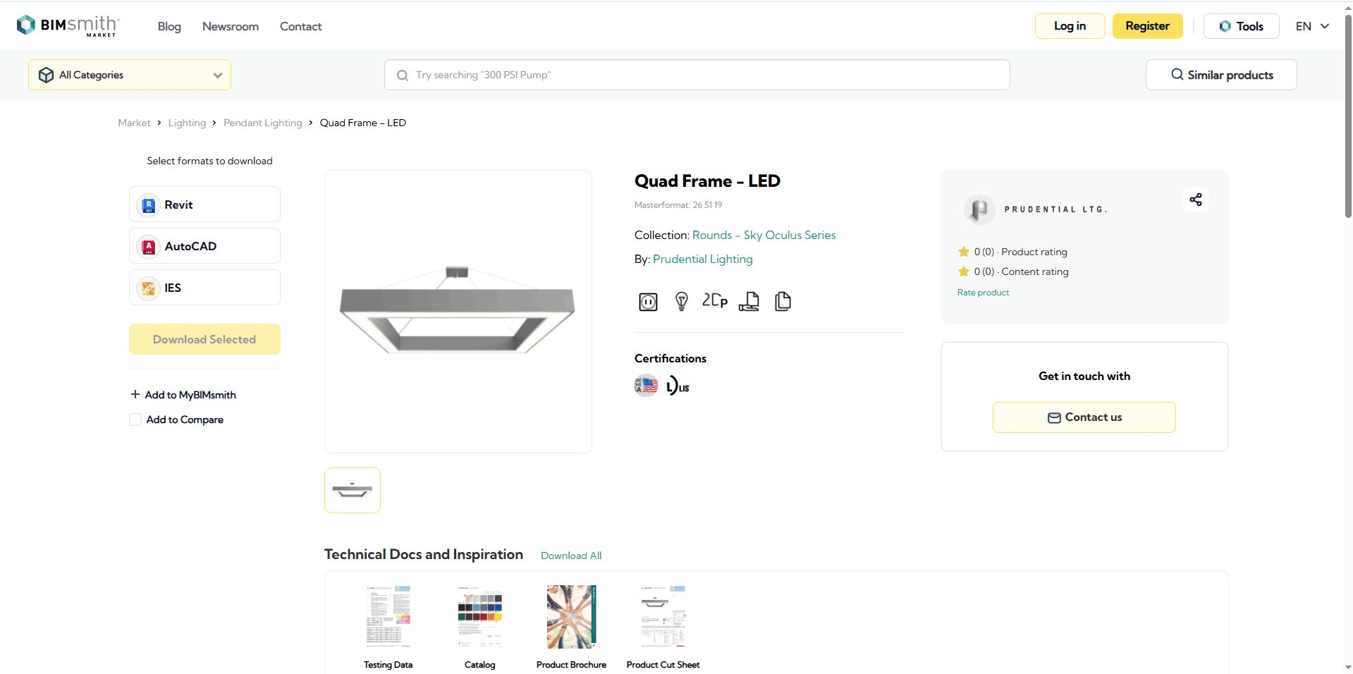 A BIMsmith product listing with a square pendant LED model and its preview shown in an LED fixture 3D render