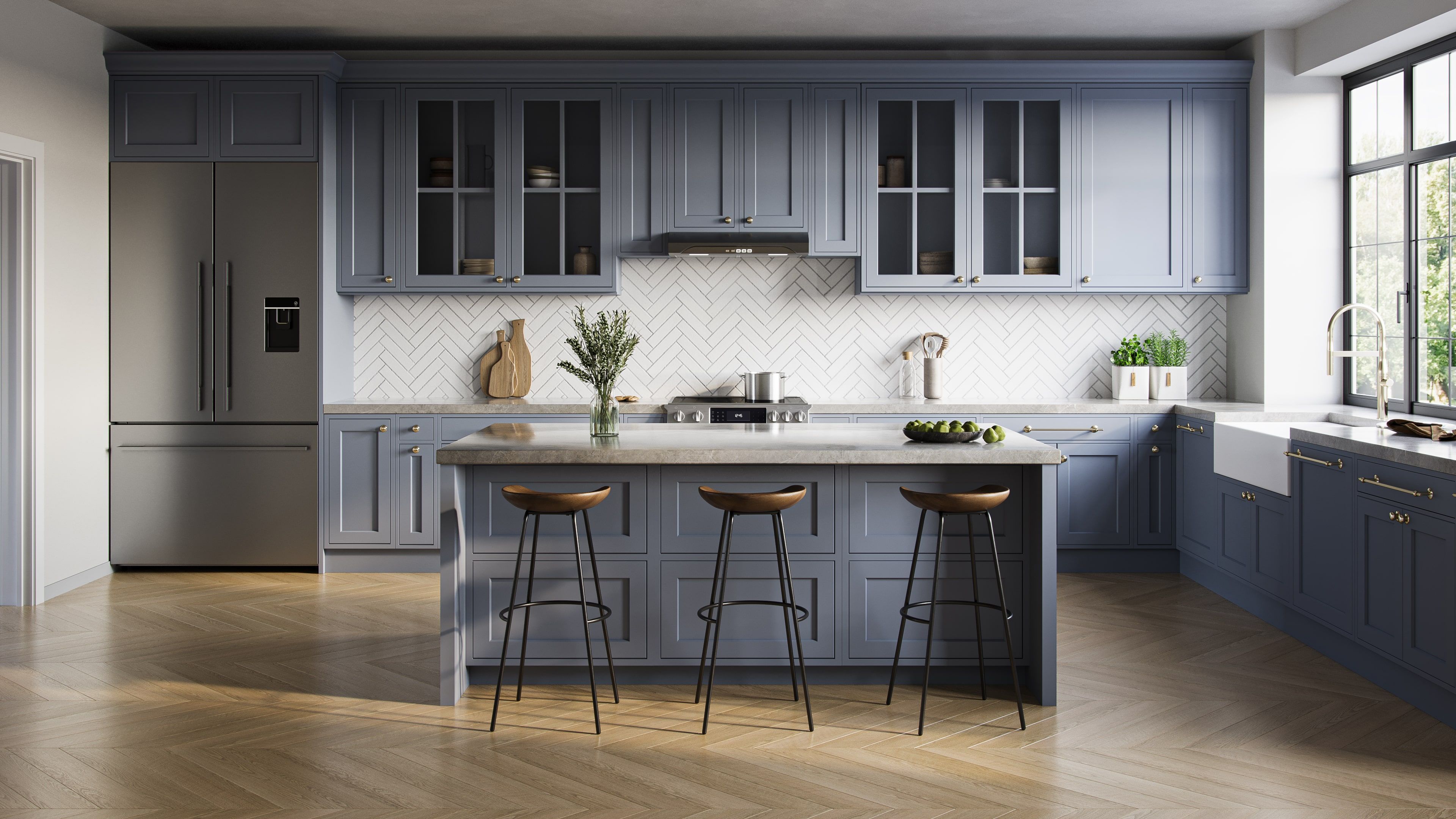 Blue Kitchen Lifestyle Rendering for a Range Hood