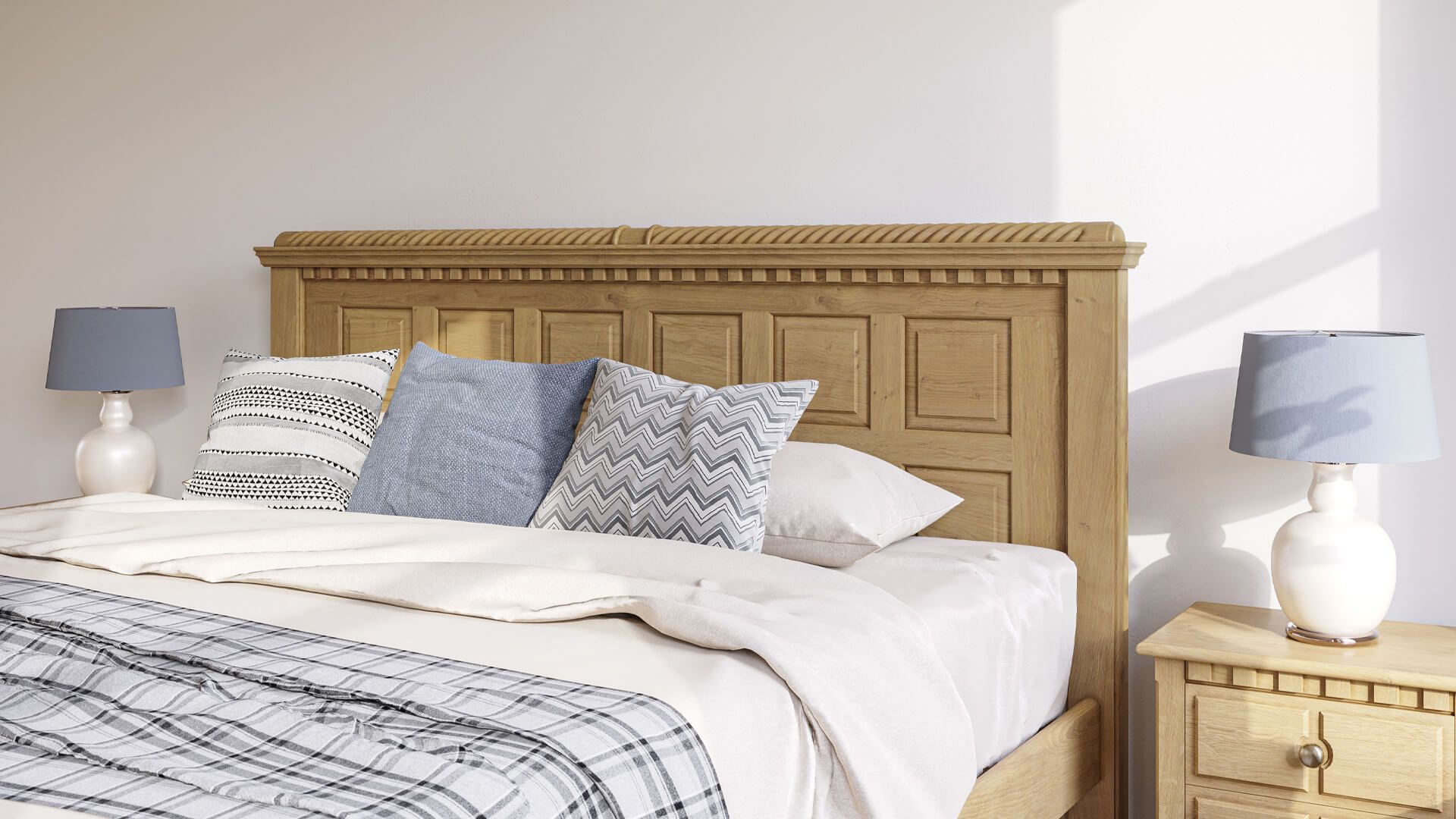 3D furniture modeling and rendering showcasing a wooden bed with pillows and bedside lamps, 3D interior visualization