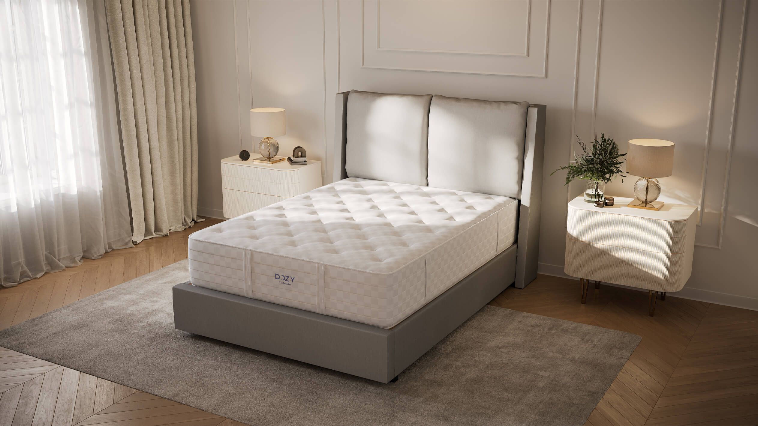 Realistic 3D house fittings rendering showcasing a bedroom interior with a bed and nightstands, highlighting photorealistic visualization and 3D modeling.