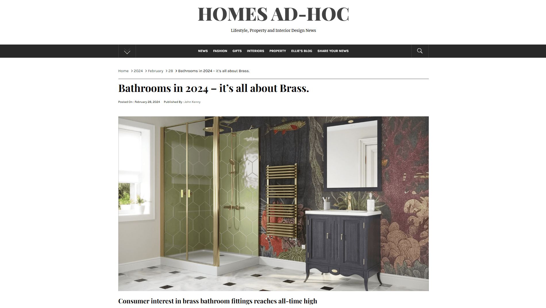 3D visualization of a bathroom with brass fittings, featured in a Homes Ad-Hoc article on bathroom trends