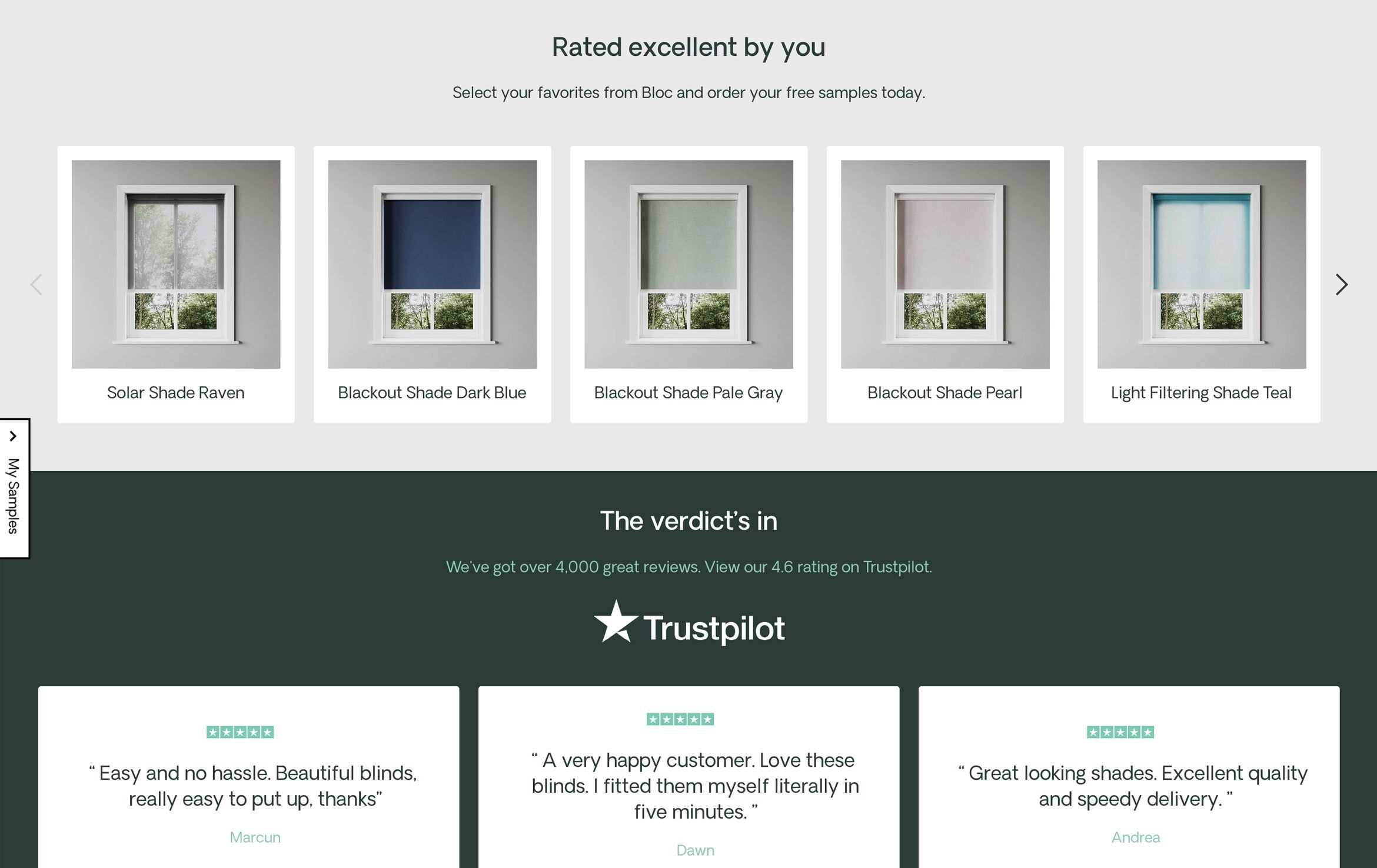 3D rendering of various window shades including Solar Shade Raven, Blackout Shade Dark Blue, Blackout Shade Pale Gray, Blackout Shade Pearl, and Light Filtering Shade Teal for interior visualization