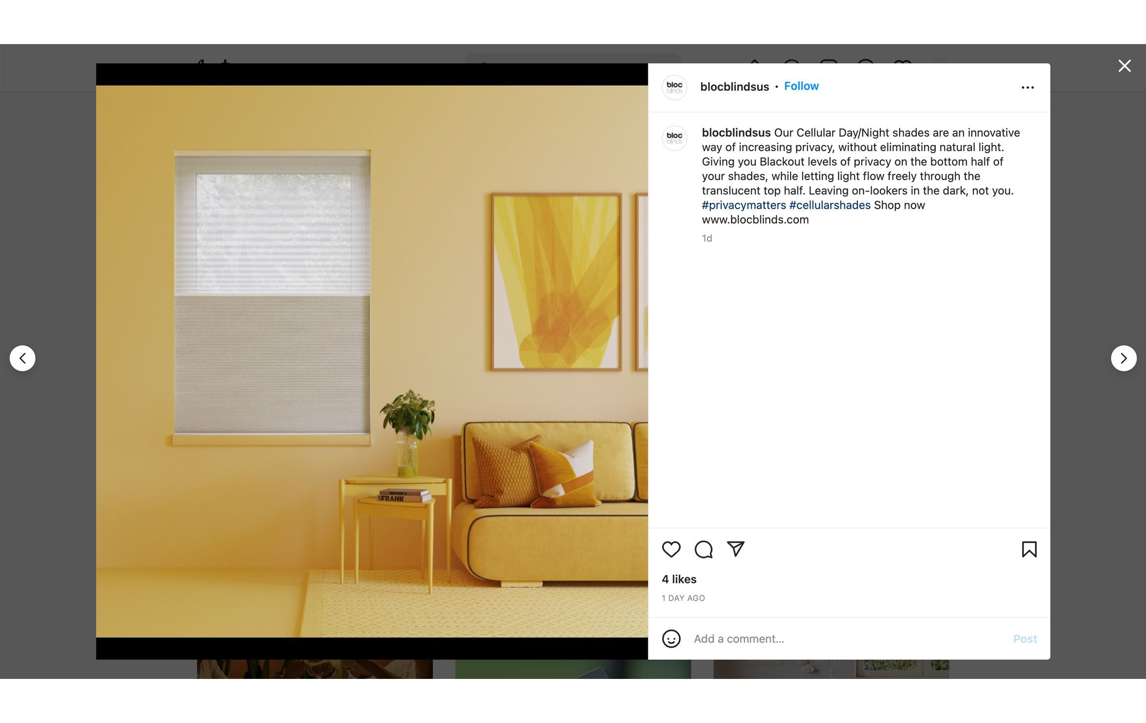 3D furniture modeling and rendering showcasing a modern living room with cellular shades, featuring 3D product visualization and photorealistic rendering.