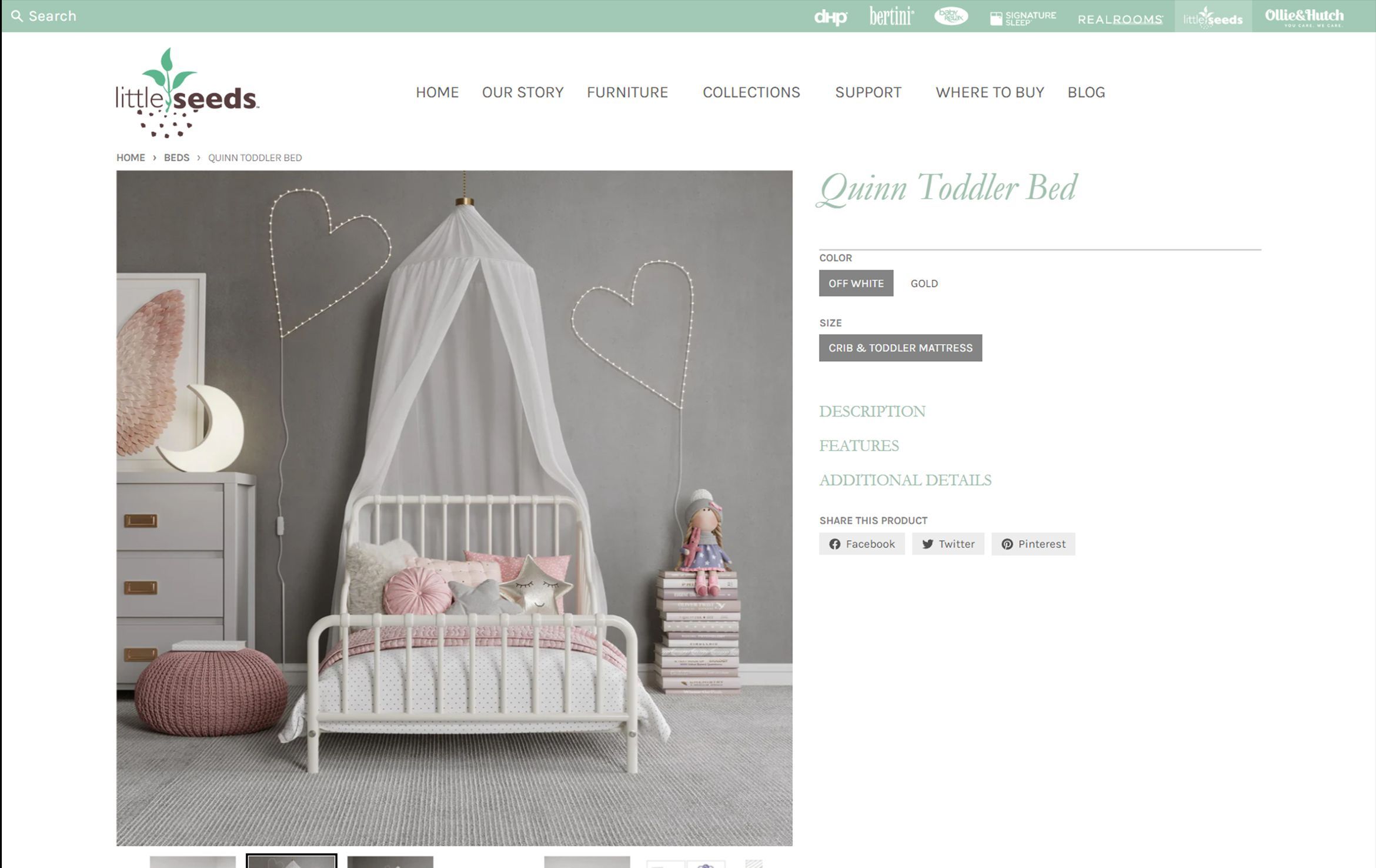 3D furniture modeling and rendering of a Quinn toddler bed with canopy, showcasing 3D interior visualization and photorealistic CGI.