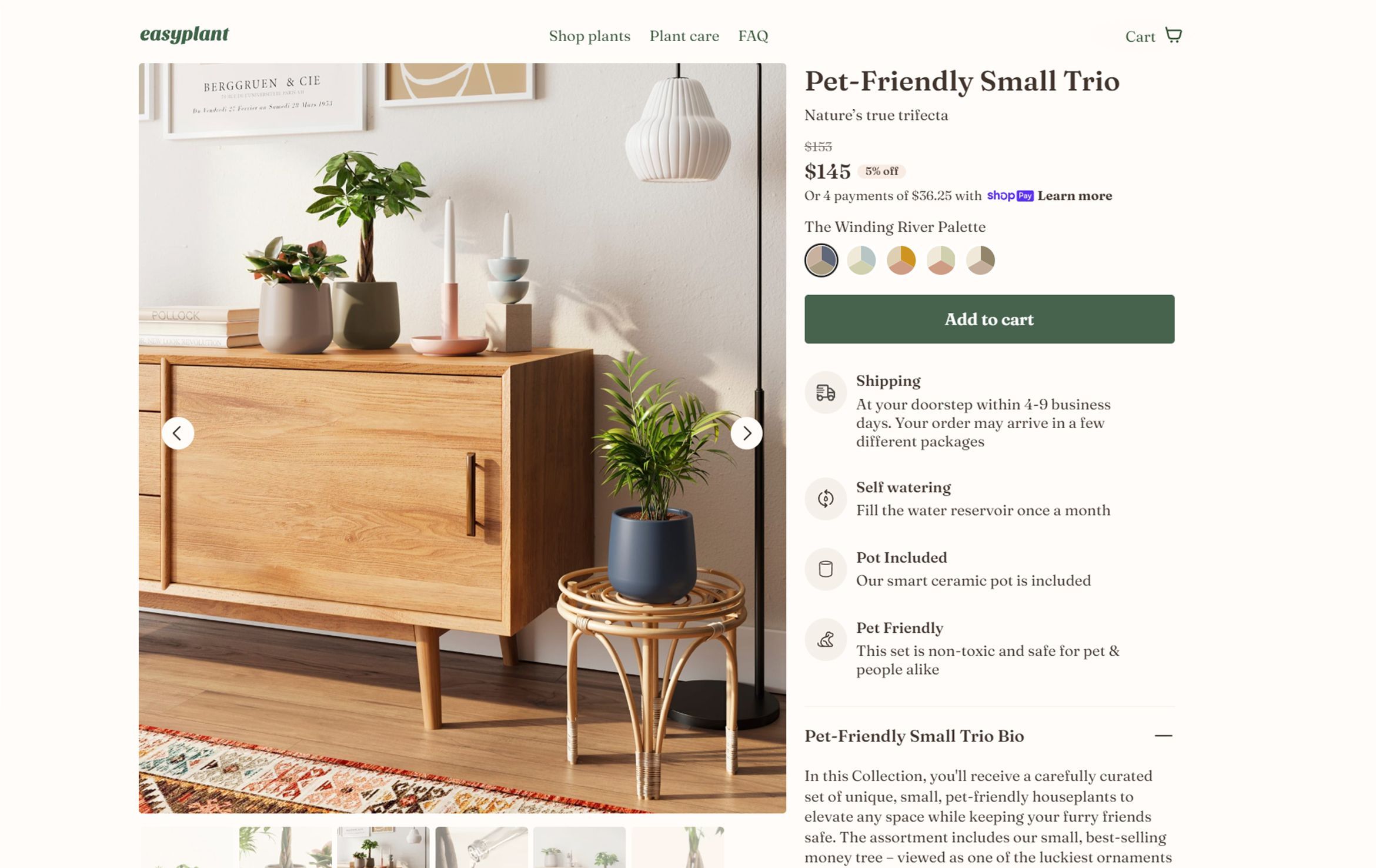 3D furniture modeling and rendering showcasing a pet-friendly small trio with plants on a wooden cabinet, highlighting 3D interior visualization and realistic furniture rendering.