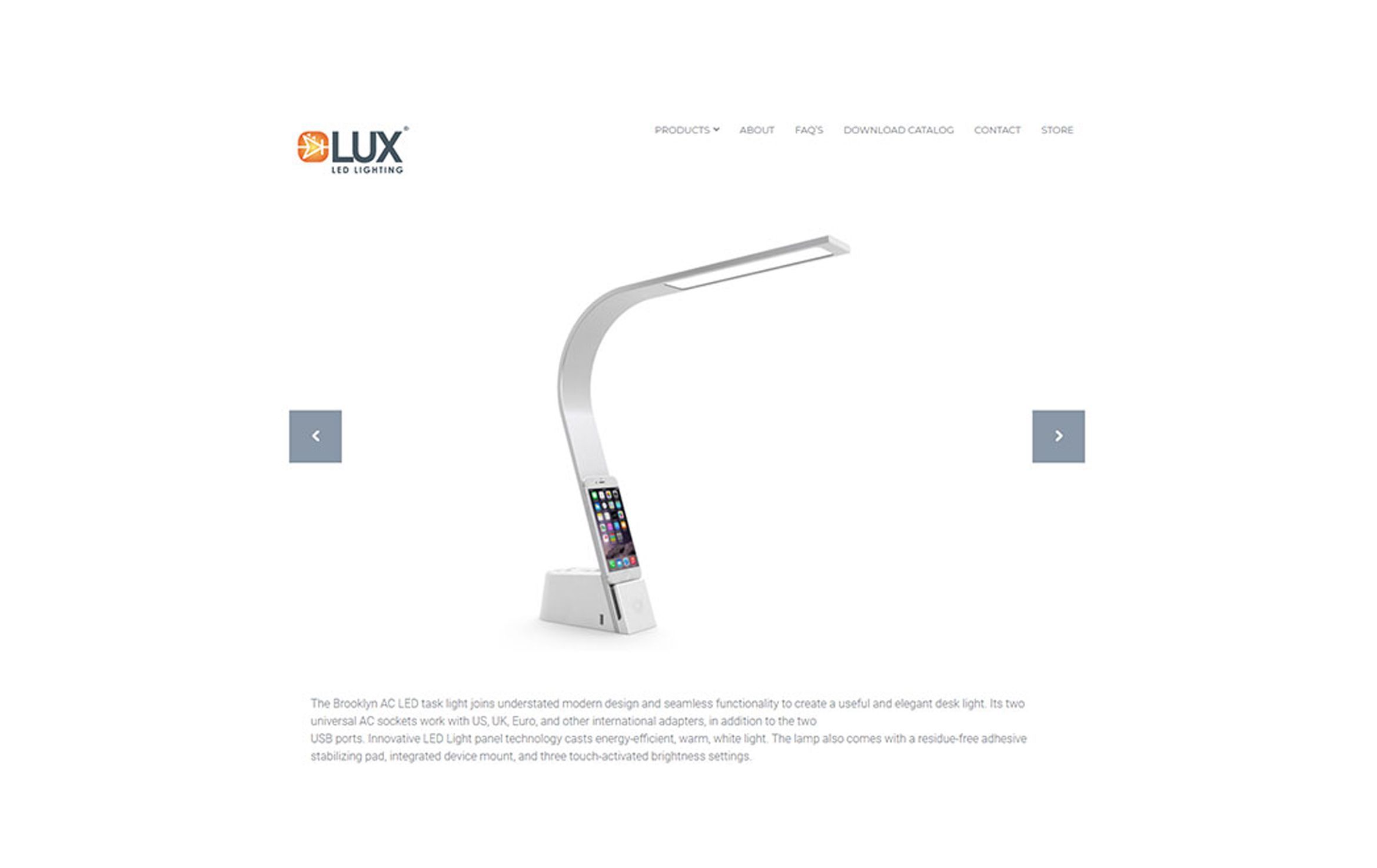 3D product model and rendering of a sleek LED desk lamp with integrated device mount, showcasing photorealistic visualization and CGI rendering.