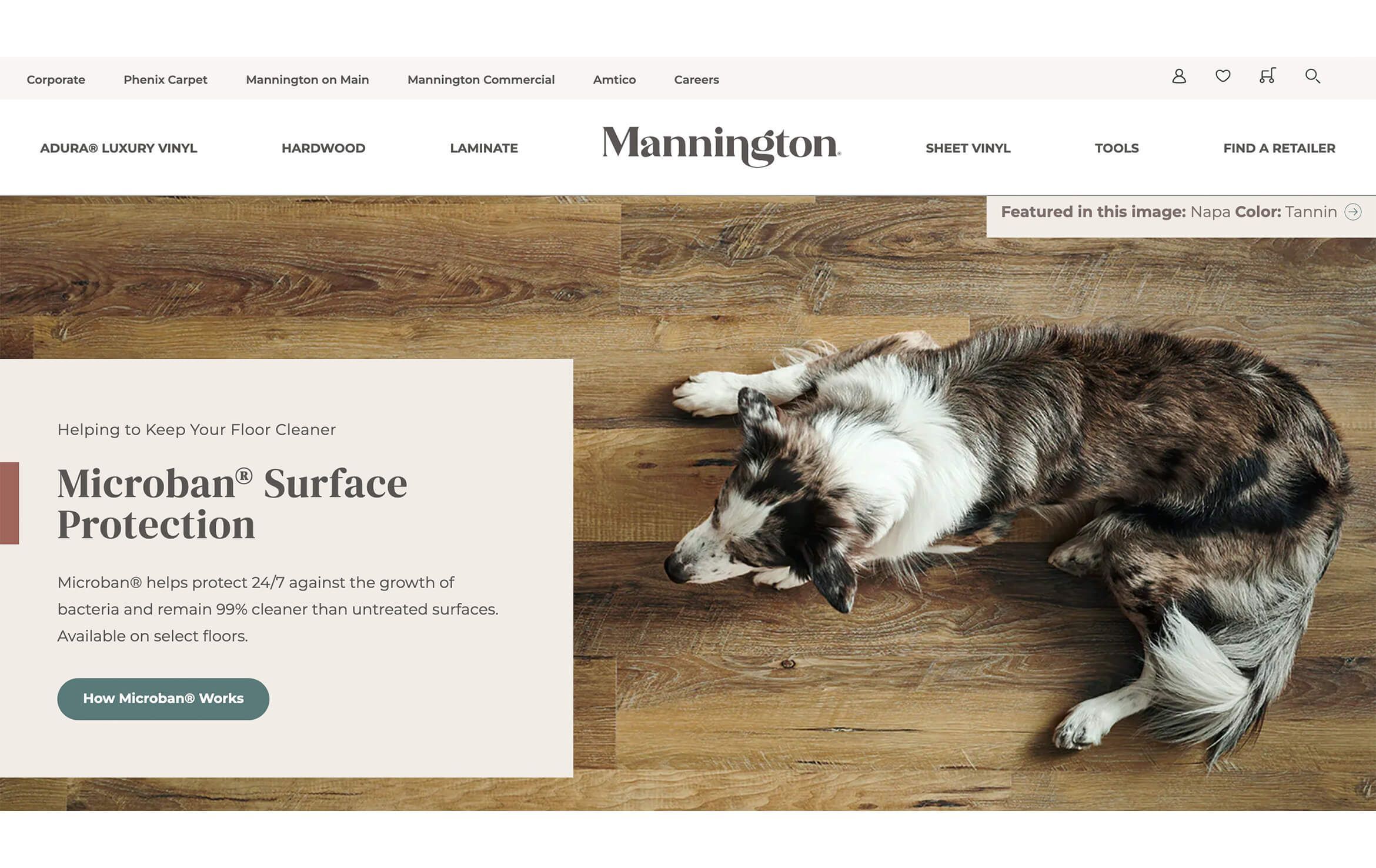 3D rendered image of a dog on a wooden floor showcasing Microban surface protection, highlighting 3D furniture modeling and rendering.