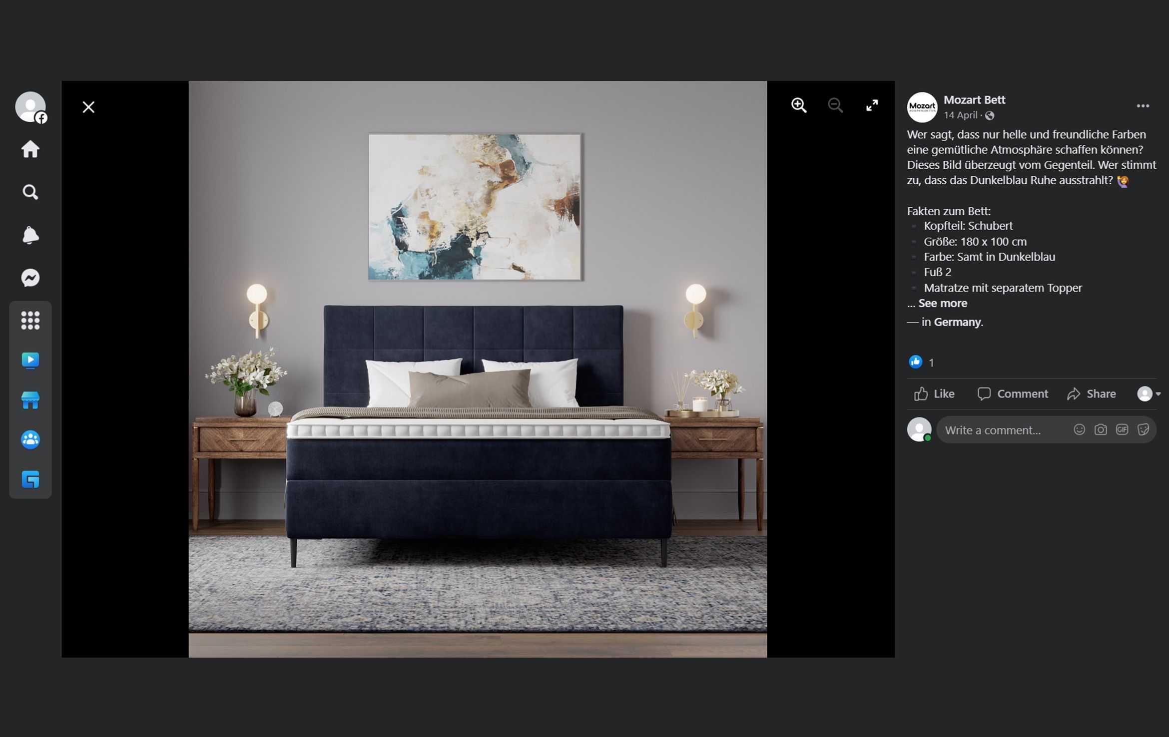 3D furniture modeling and rendering showcasing a modern bedroom with a dark blue bed, wooden side tables, and abstract wall art. High-quality 3D interior visualization and photorealistic rendering.