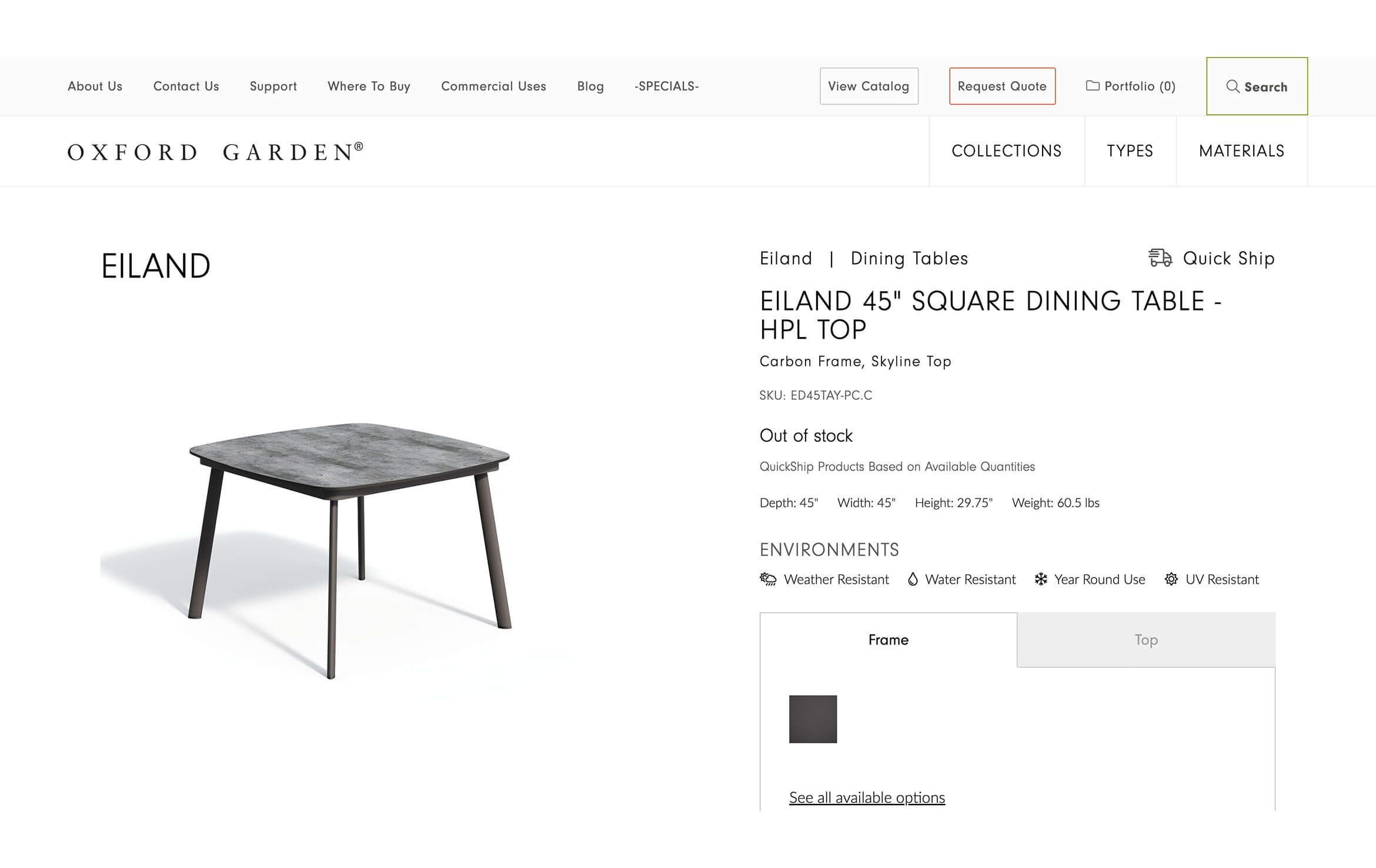 3D model and rendering of Eiland 45 inch square dining table with HPL top, showcasing realistic furniture visualization and design.