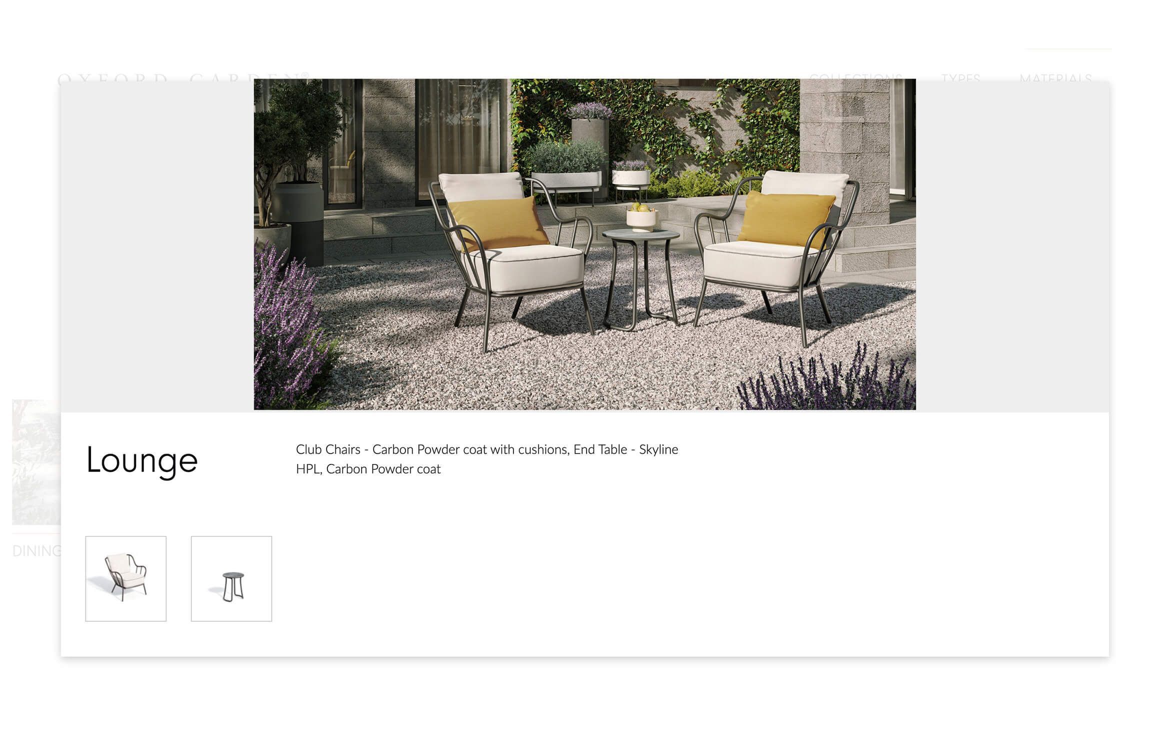 3D furniture modeling and rendering of outdoor lounge set with club chairs and end table, showcasing 3D product visualization and photorealistic rendering.