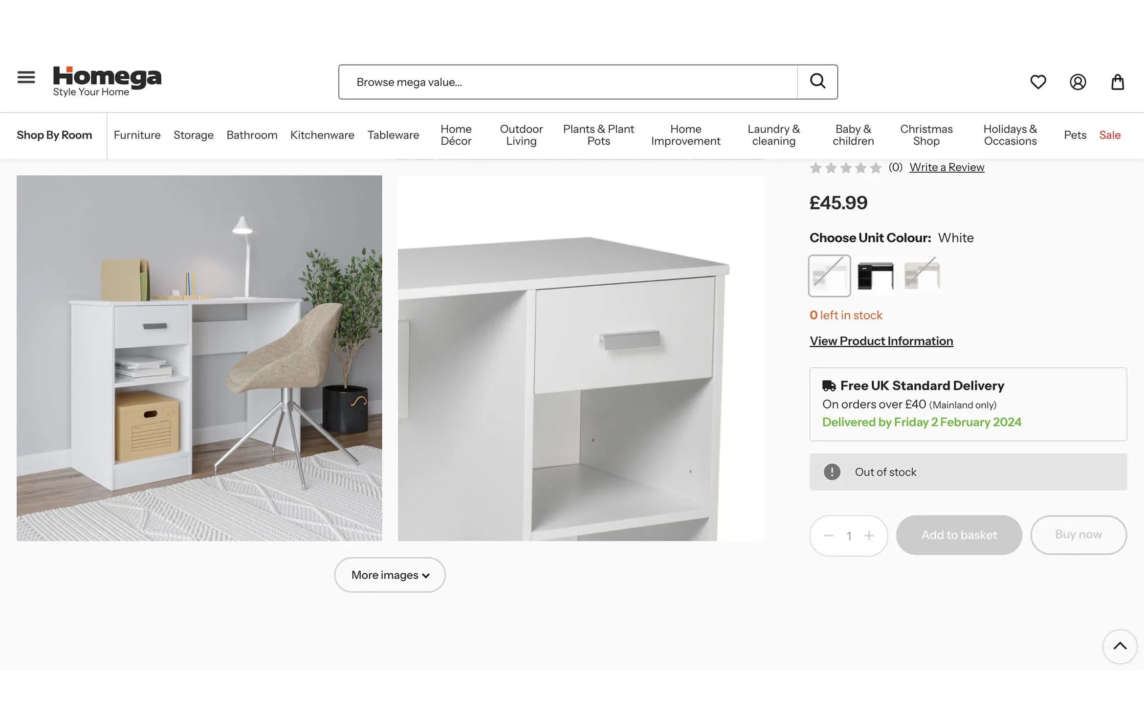 3D visualization of a white desk with drawer and shelves on Homega website product page