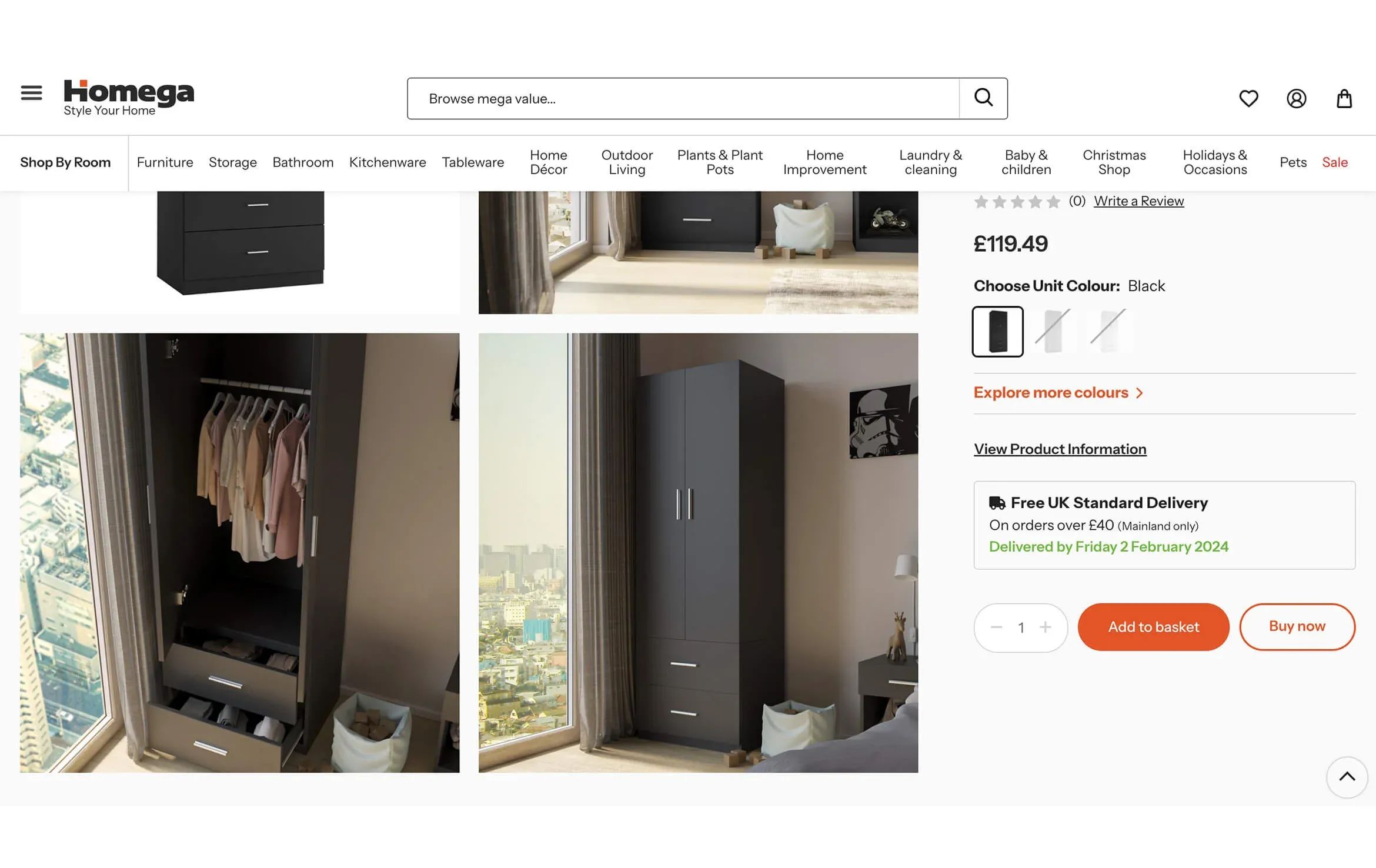 3D visualization services showing a black wardrobe with drawers on Homega product listing