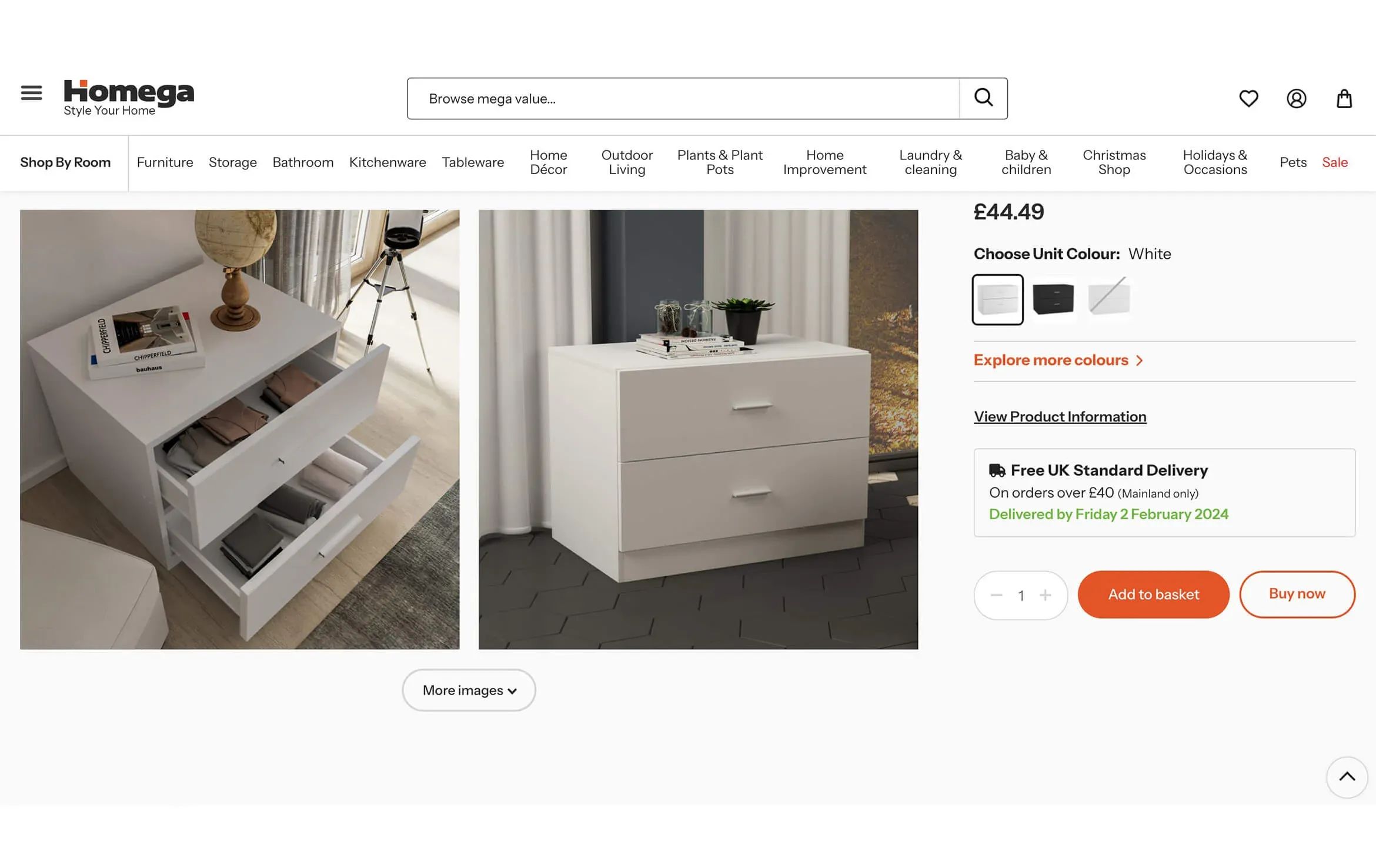 3D visualization of a white two-drawer chest showcased on online shop product page