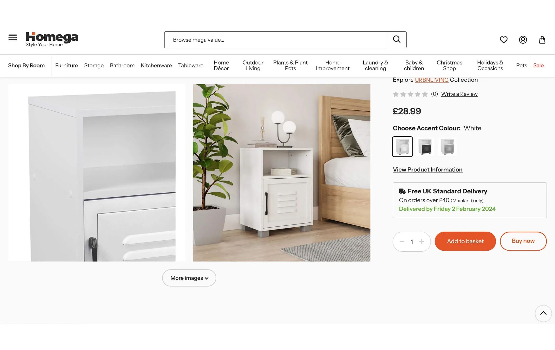 3D visualization services of a white bedside cabinet with open shelf featured on Homega website