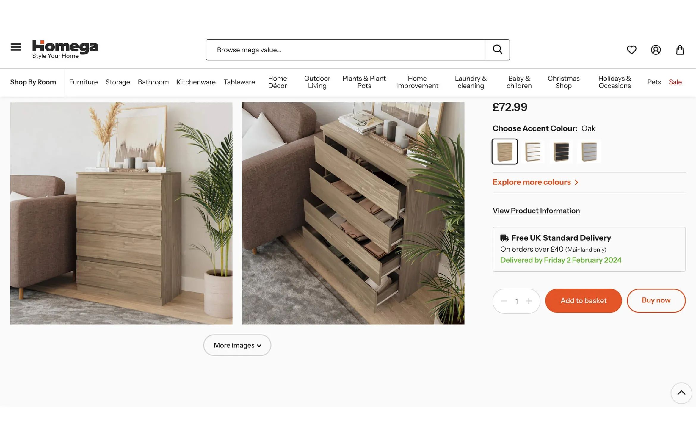3D visualization of a wooden chest of drawers with open compartments on Homega product listing