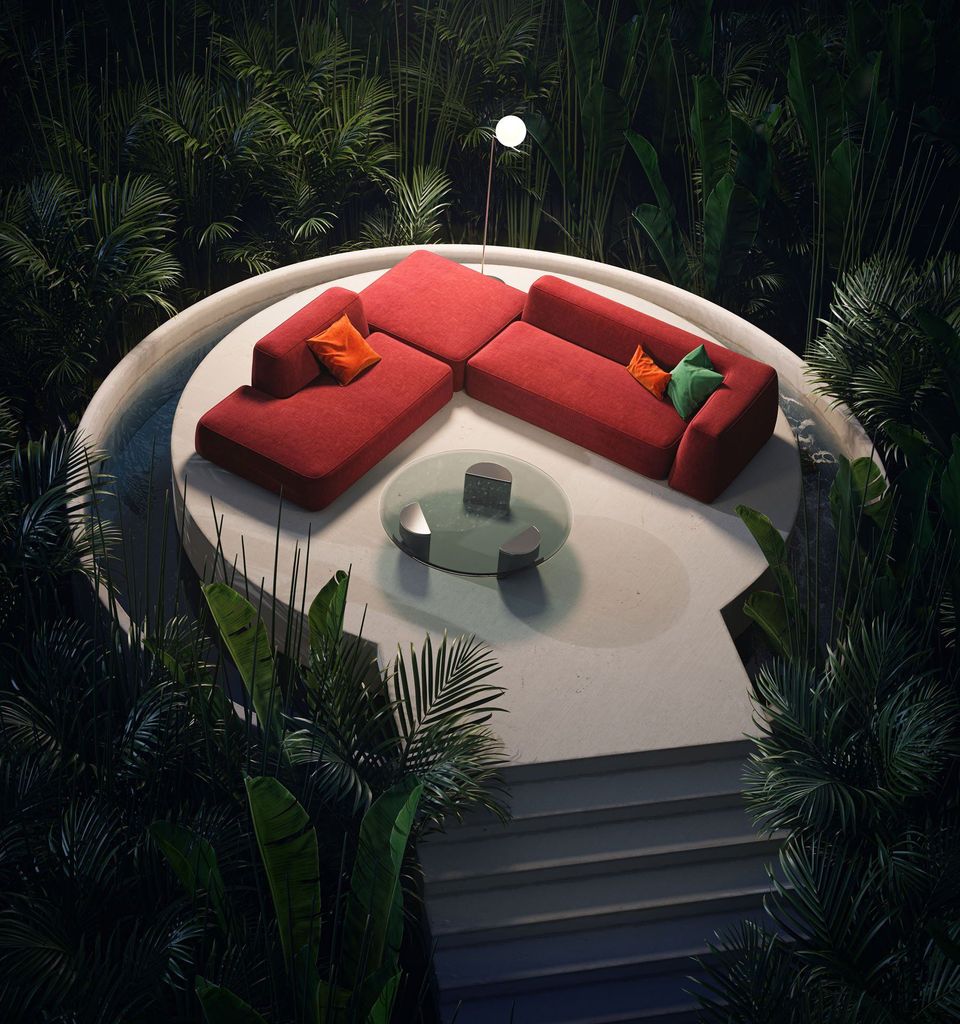 3D rendered image of a modern outdoor lounge with red sectional sofa, showcasing 3D furniture modeling and photorealistic visualization.