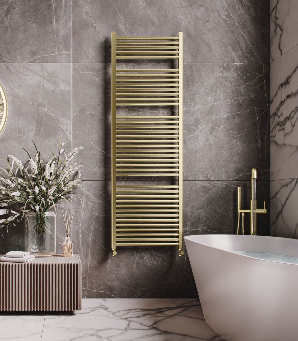 3D interior rendering of a luxury bathroom featuring a gold towel rack, marble walls, and a trendy bathtub, showcasing high-quality 3D visualization and realistic house fittings rendering.