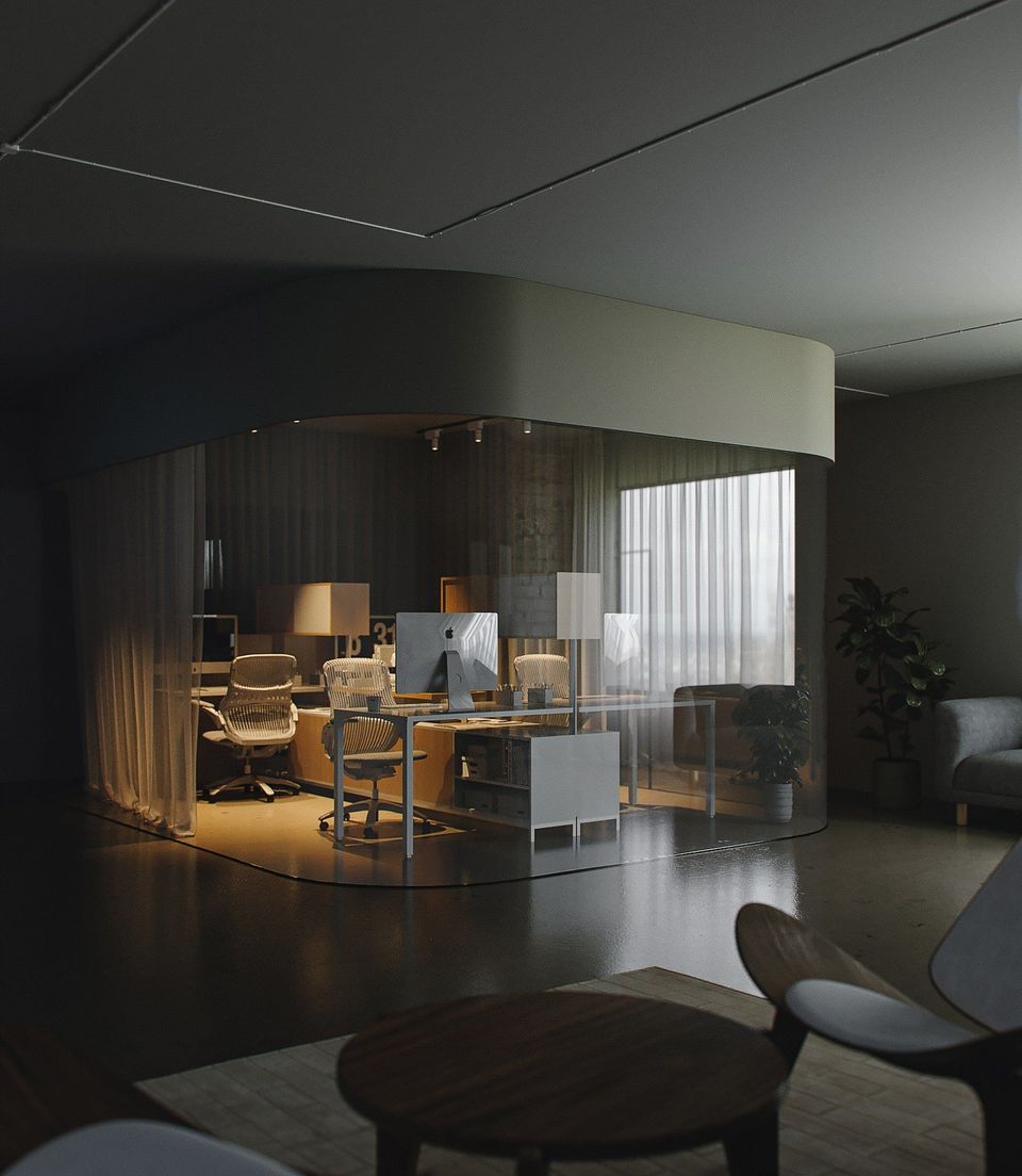 3D rendered furniture and interior visualization of a modern office space with photorealistic rendering