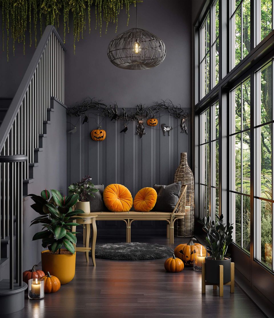 Top-notch 3D rendering of a modern interior with Halloween decorations, showcasing 3D furniture modeling and realistic product rendering.