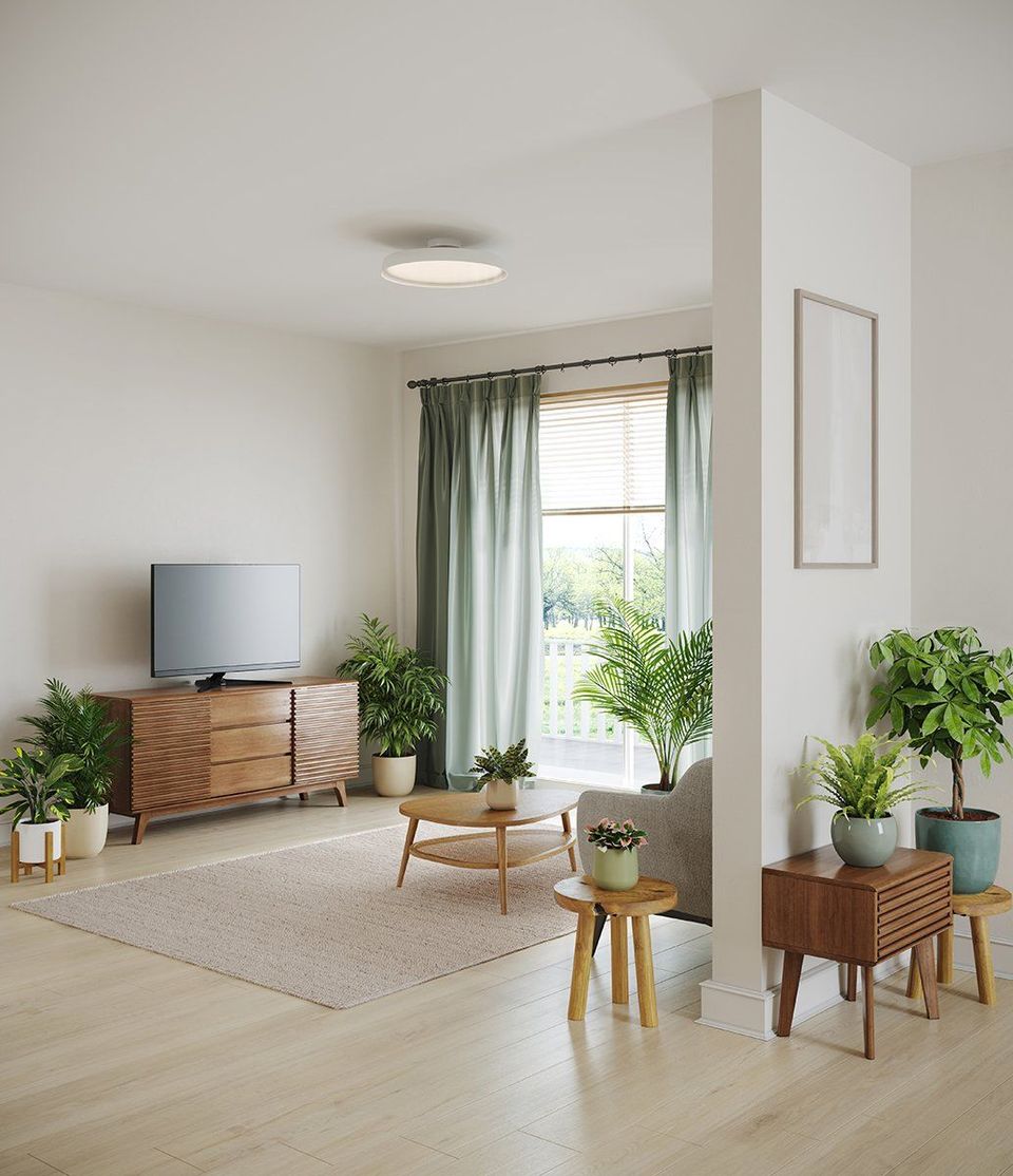 3D Rendering Of Modern Living Room With Natural Wood Furniture And Green Plants By Large Window