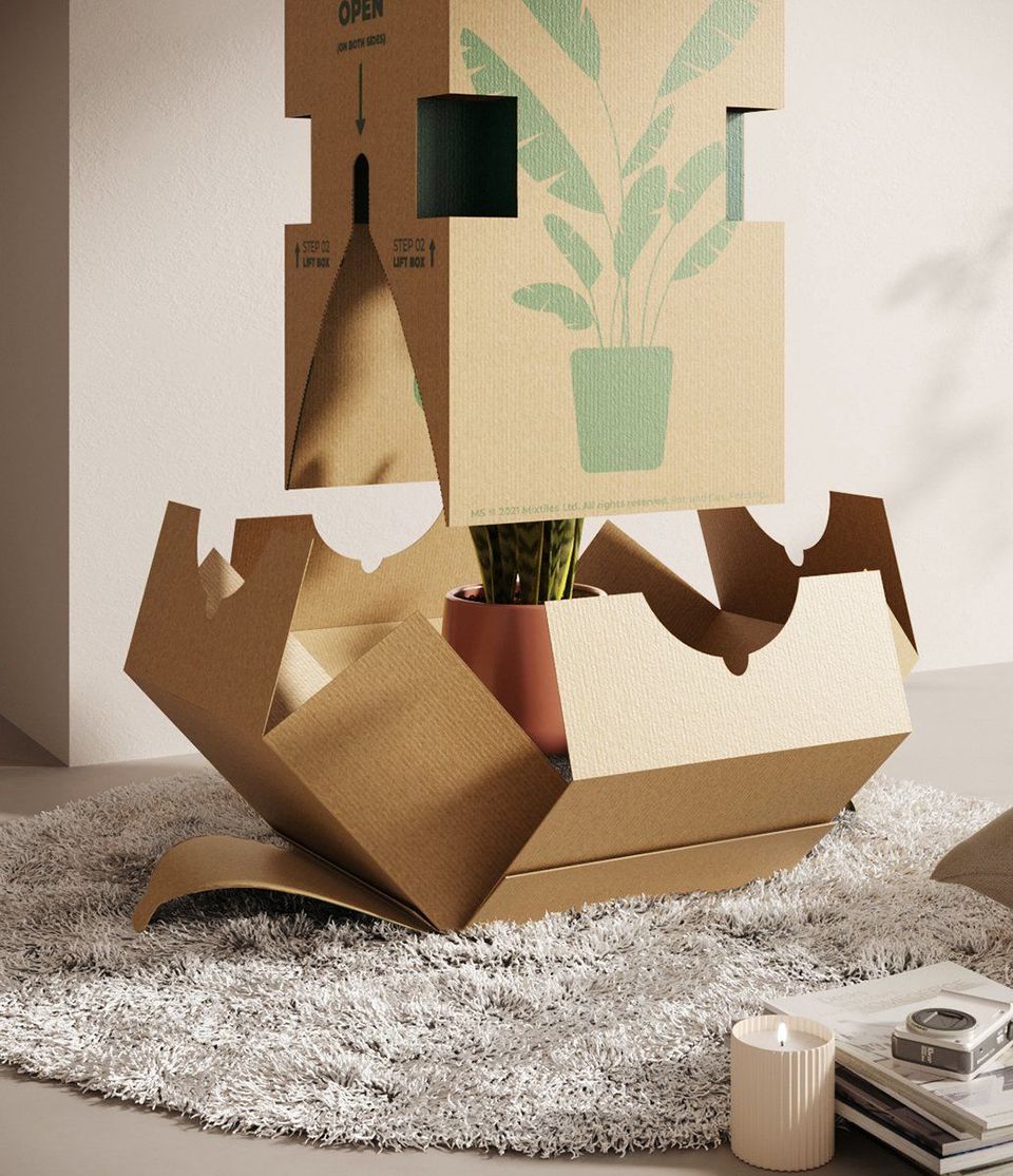 3D furniture modeling and rendering showcasing cardboard packaging in a realistic interior setting, highlighting 3D product visualization and photorealistic CGI.