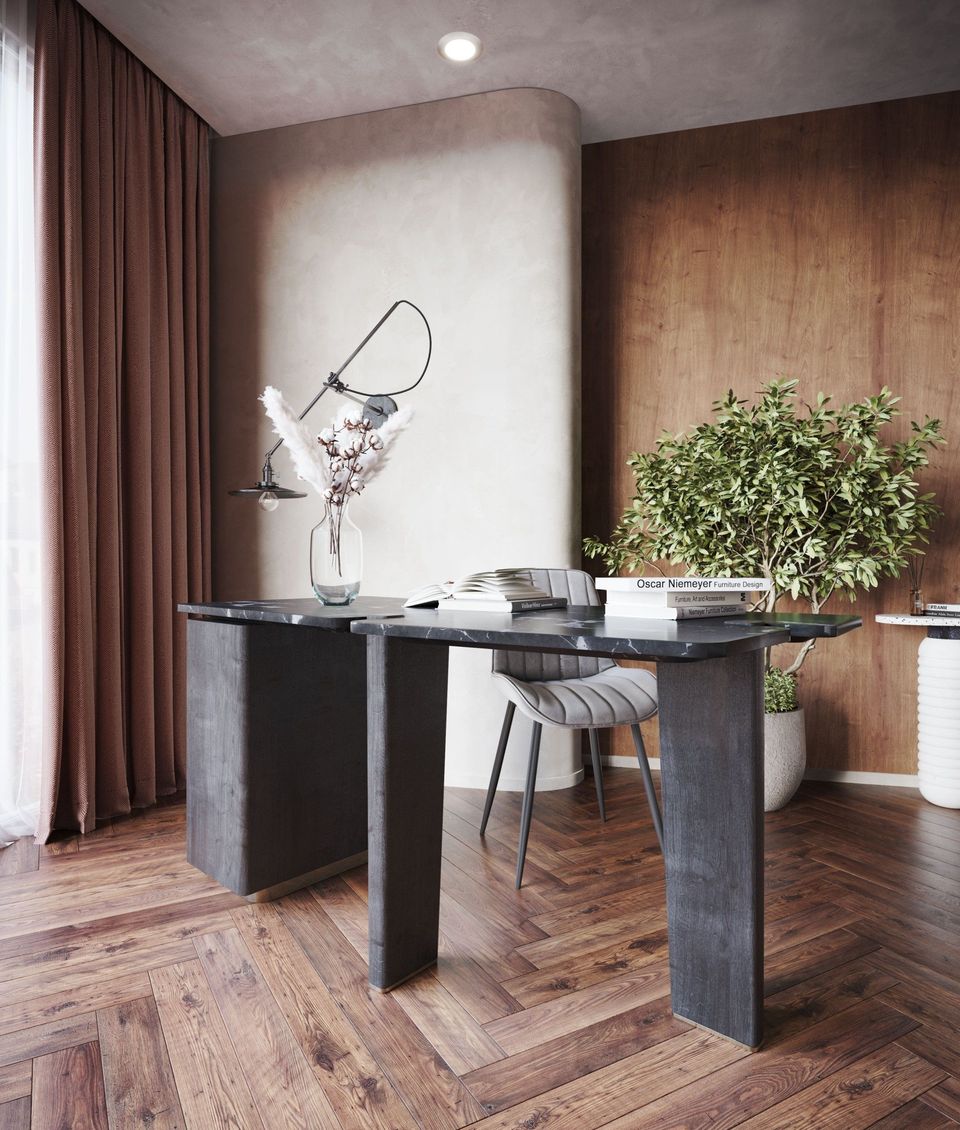 Realistic 3D rendering of a trendy office interior featuring bespoke house fittings, showcasing realistic house fittings rendering and 3D product visualization.