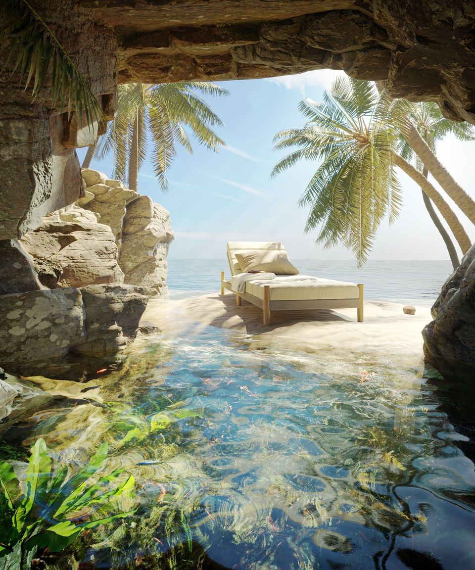 3D furniture modeling and rendering of a lounge chair in a tropical cave, showcasing high-quality 3D visualization and photorealistic CGI.