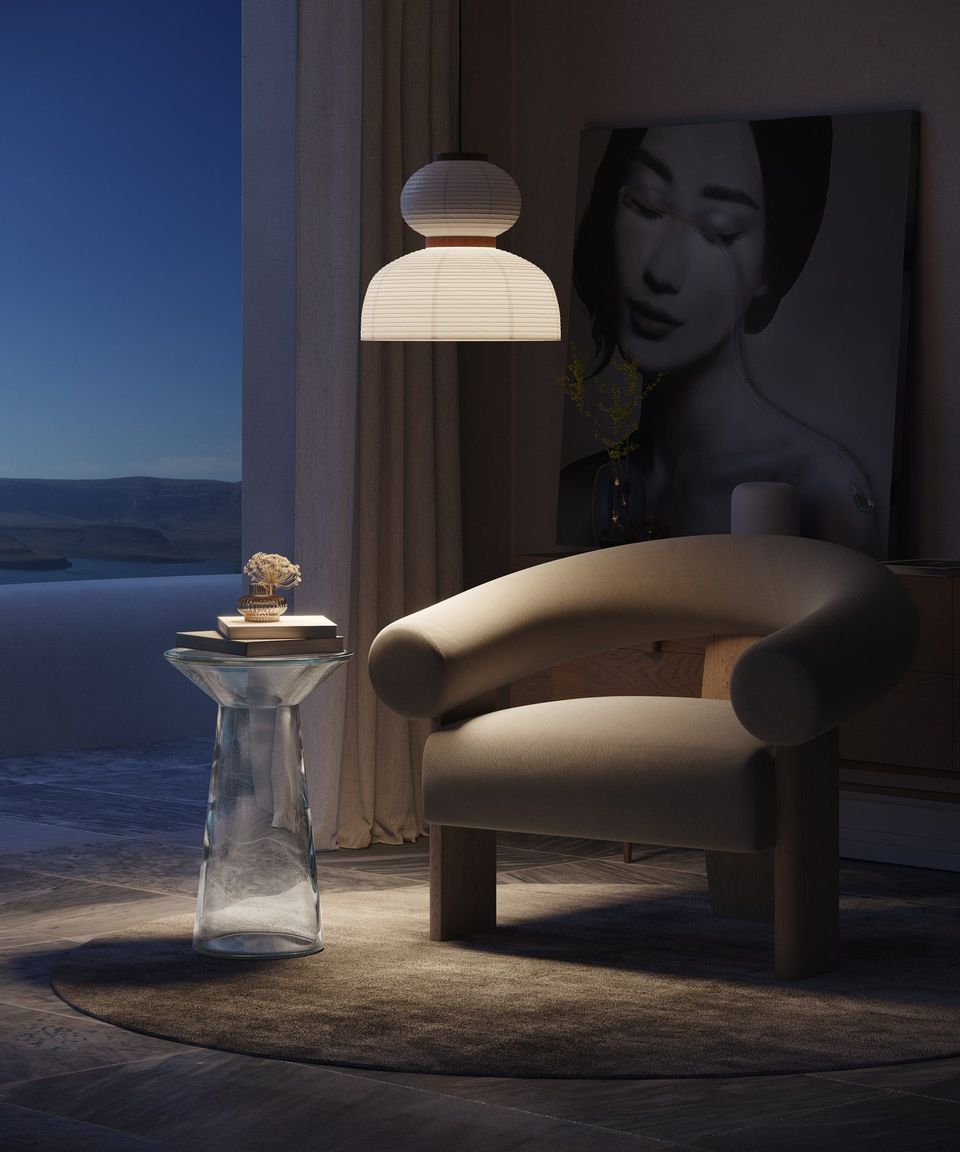 3D Rendering of a Minimalist Reading Nook With a Round Chair and a Glass Side Table