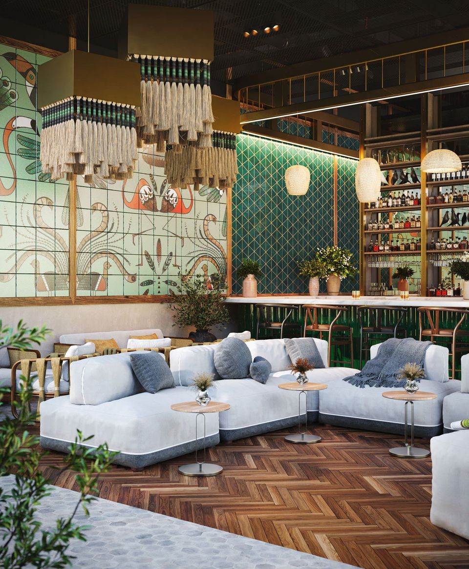 Realistic 3D rendering of a trendy lounge featuring bespoke house fittings, showcasing 3D house fittings modeling and photorealistic visualization.