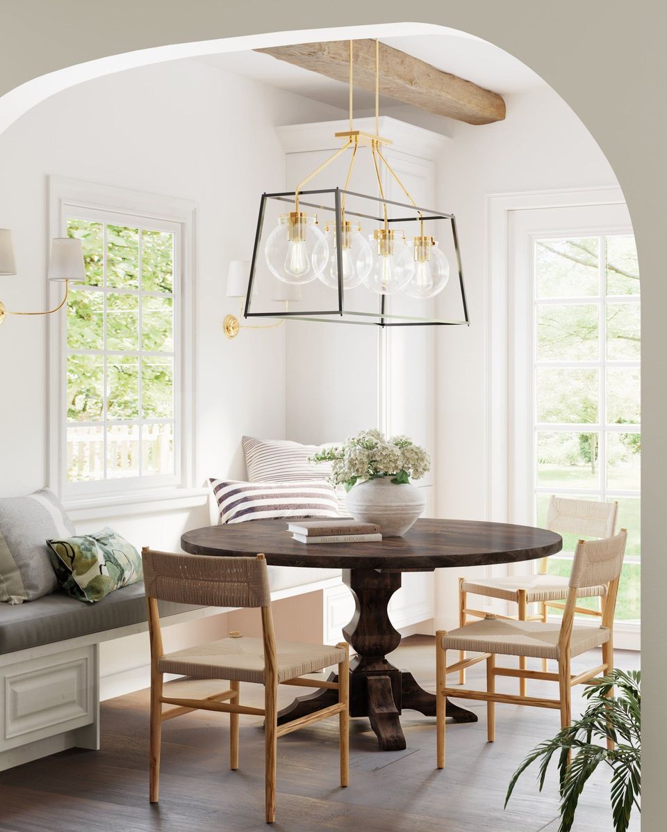 Realistic 3D rendering of a dining room featuring bespoke house fittings, showcasing photorealistic visualization and 3D modeling.