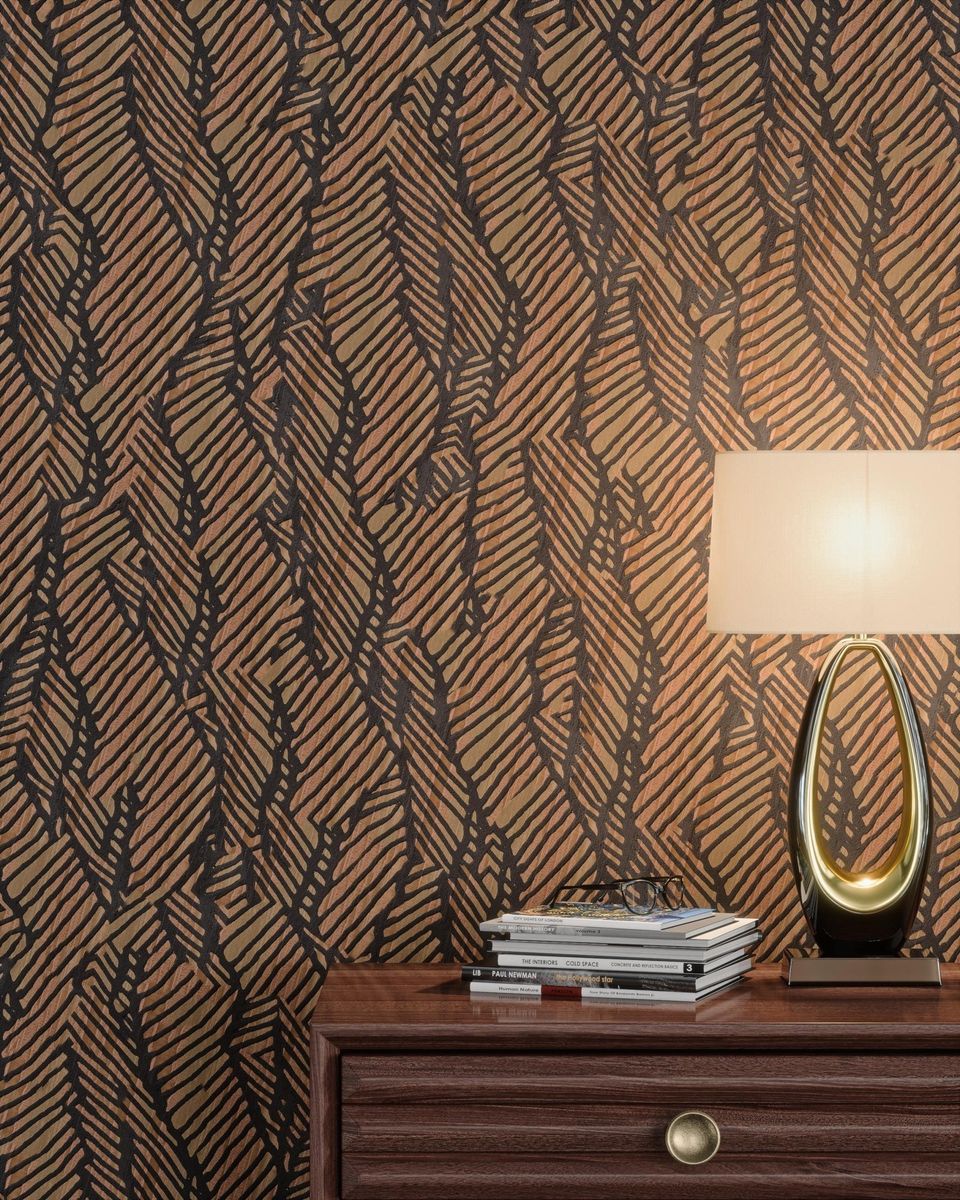 3D Rendering of a Wooden Dresser with Books and Table Lamp in Front of a Patterned Wallpaper