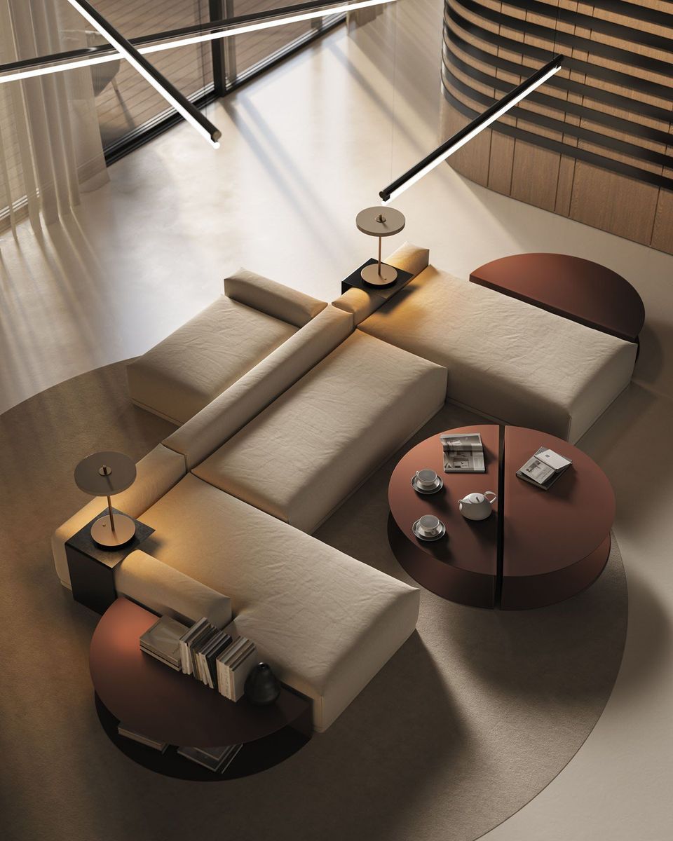 Lifestyle Rendering of a Cream Upholstered Sofa and Coffee Table