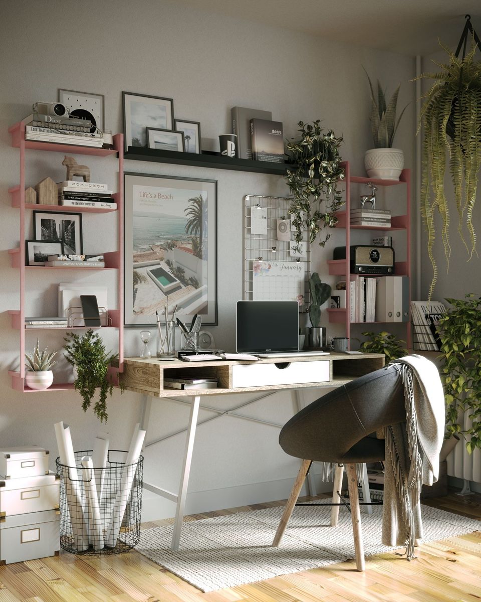 High-quality 3D rendering of a modern workspace featuring bespoke furniture, showcasing 3D furniture modeling and realistic interior visualization.