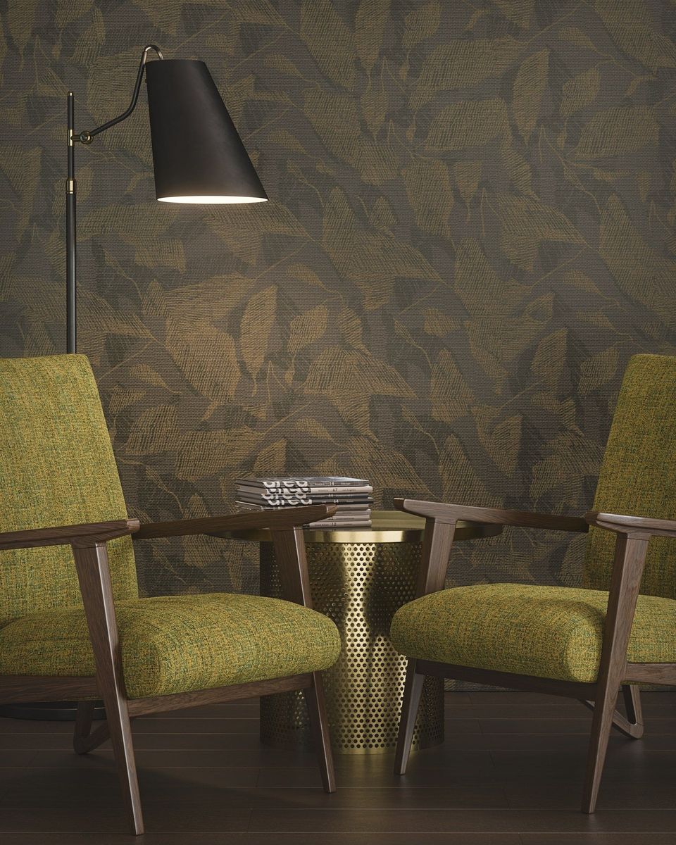 3D Rendering Of Green Lounge Chairs Against A Botanical Wallpaper In A Calm Interior