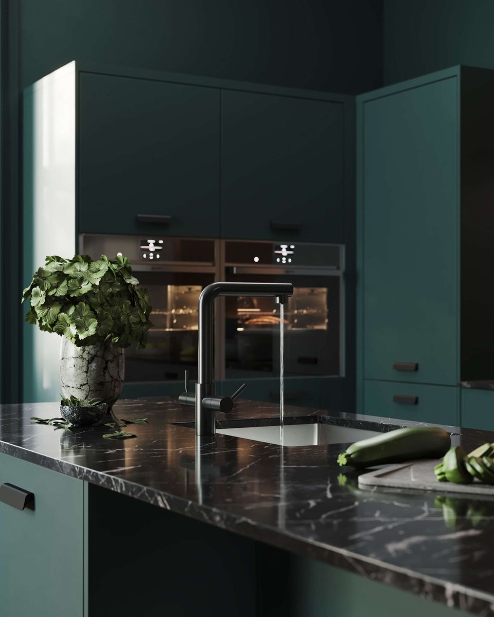 Lifestyle Rendering for Modern Green Kitchen with Marble Island and Running Faucet
