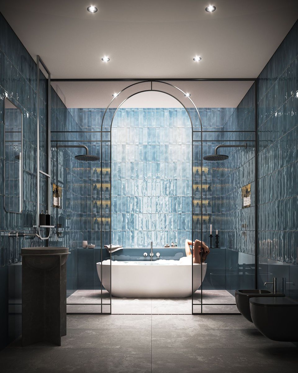 Photorealistic 3D rendering of a trendy bathroom showcasing high-end interior visualization and realistic house fittings rendering.