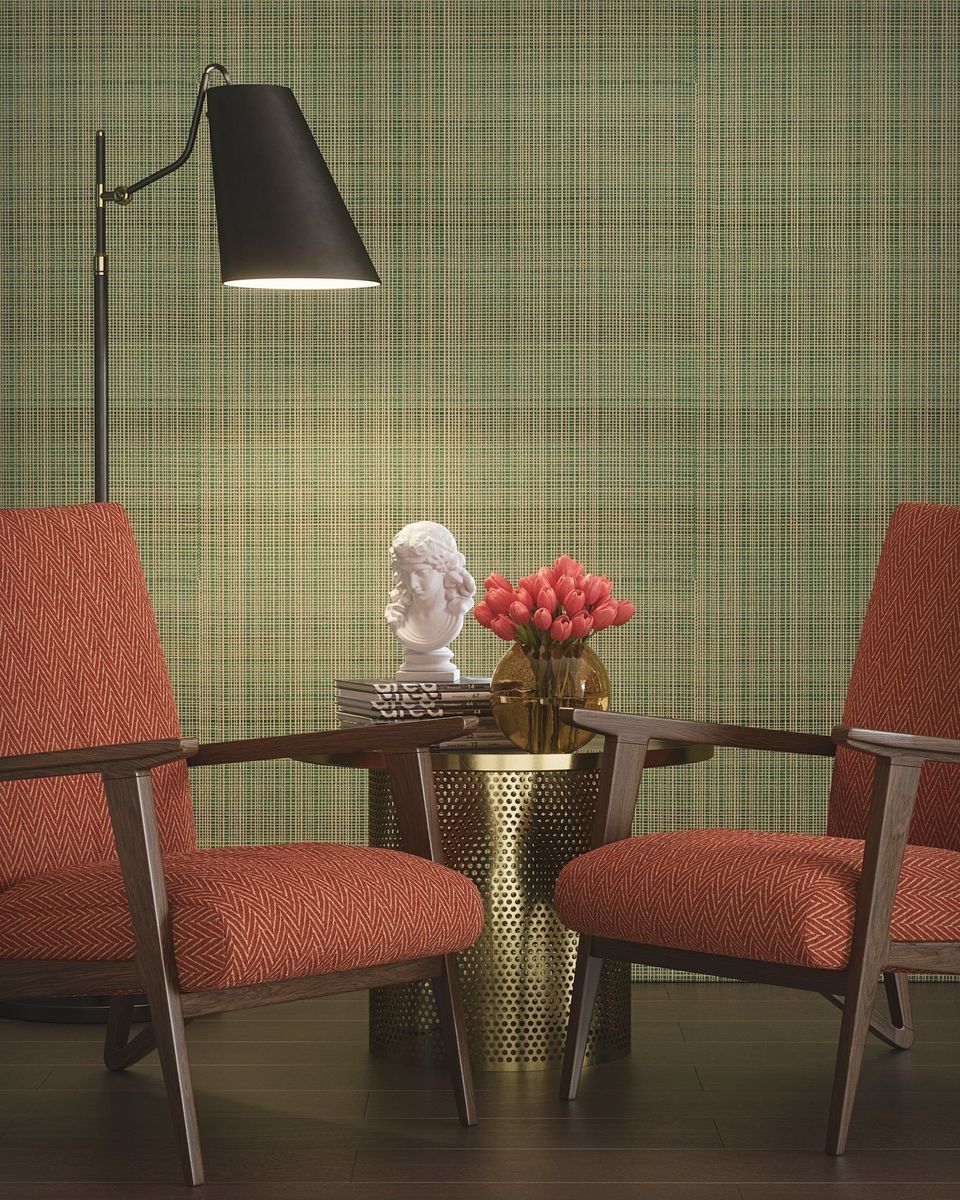 3D Visualization Of Red Armchairs With Gold Frames And Dark Floral Wallpaper In A Lounge Setting