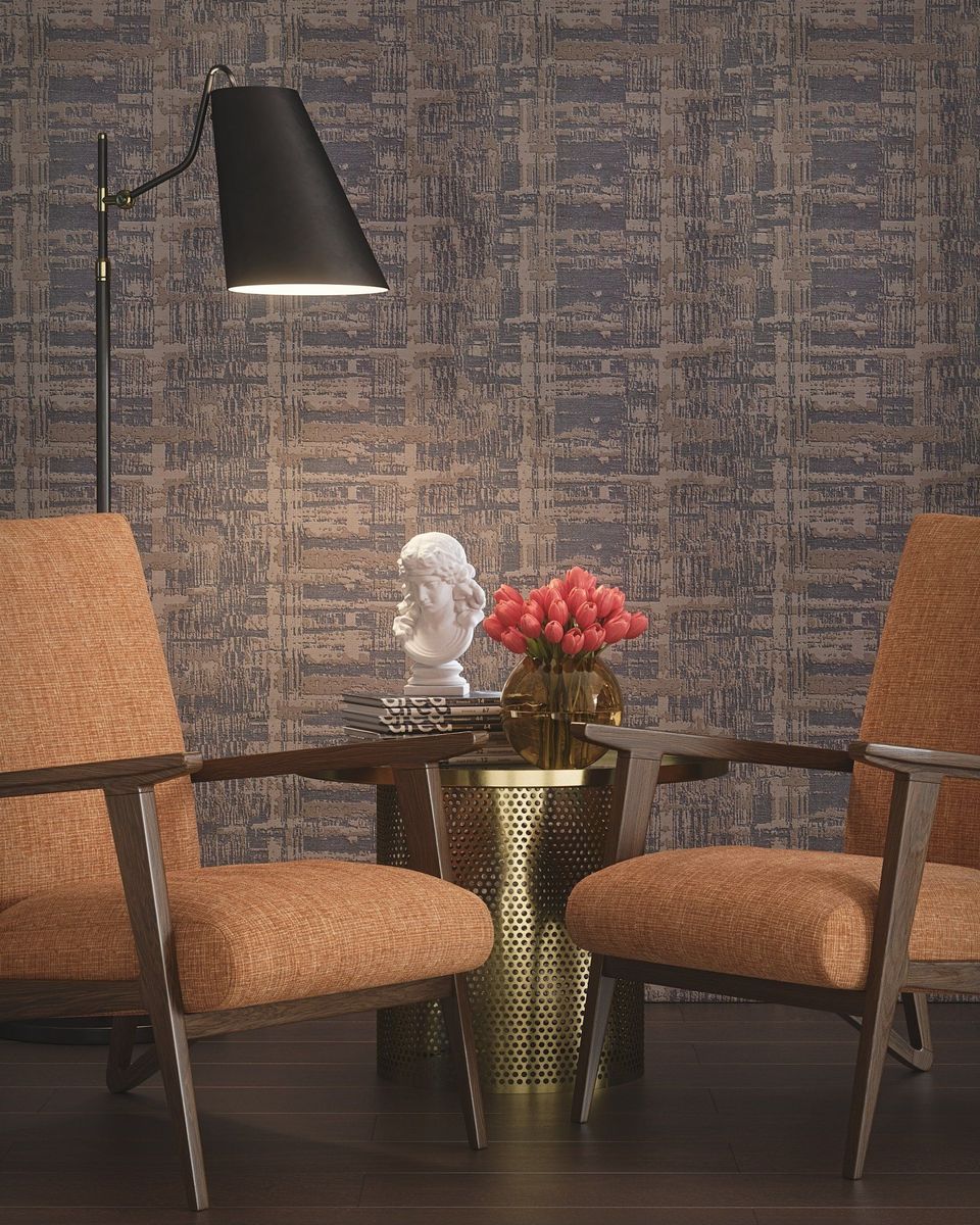 Lifestyle Rendering Of A Retro Living Room With Orange Chairs, Statue, And Tulips In A Vase